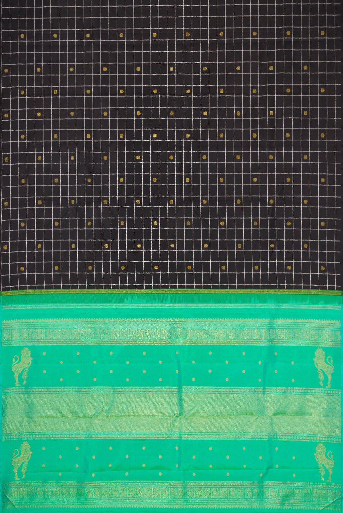Flat view of Pure Silk Pure Zari Black Dual Tone Kanjivaram Saree with Checked design on the body and Without Border. 