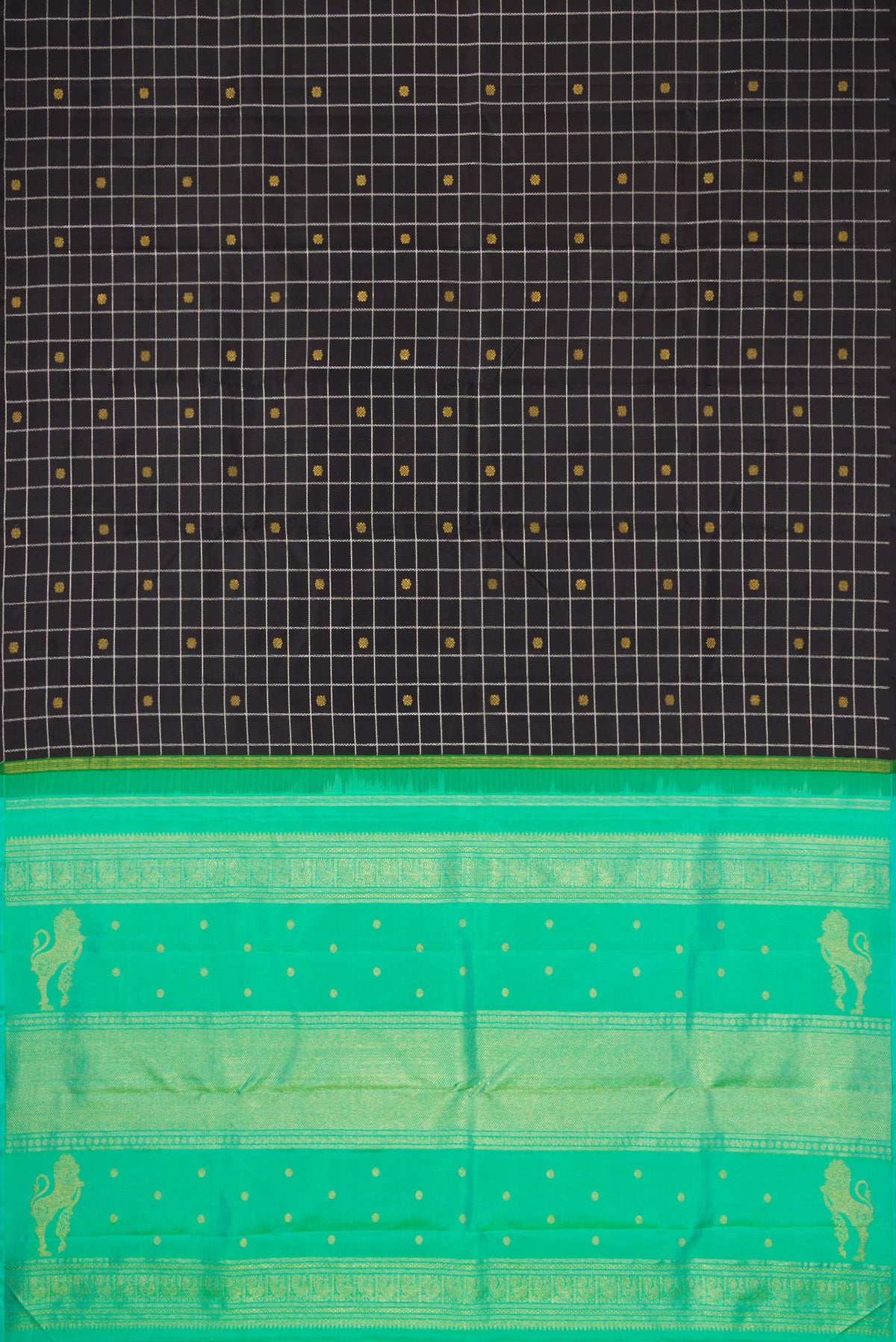 Flat view of Pure Silk Pure Zari Black Dual Tone Kanjivaram Saree with Checked design on the body and Without Border. 