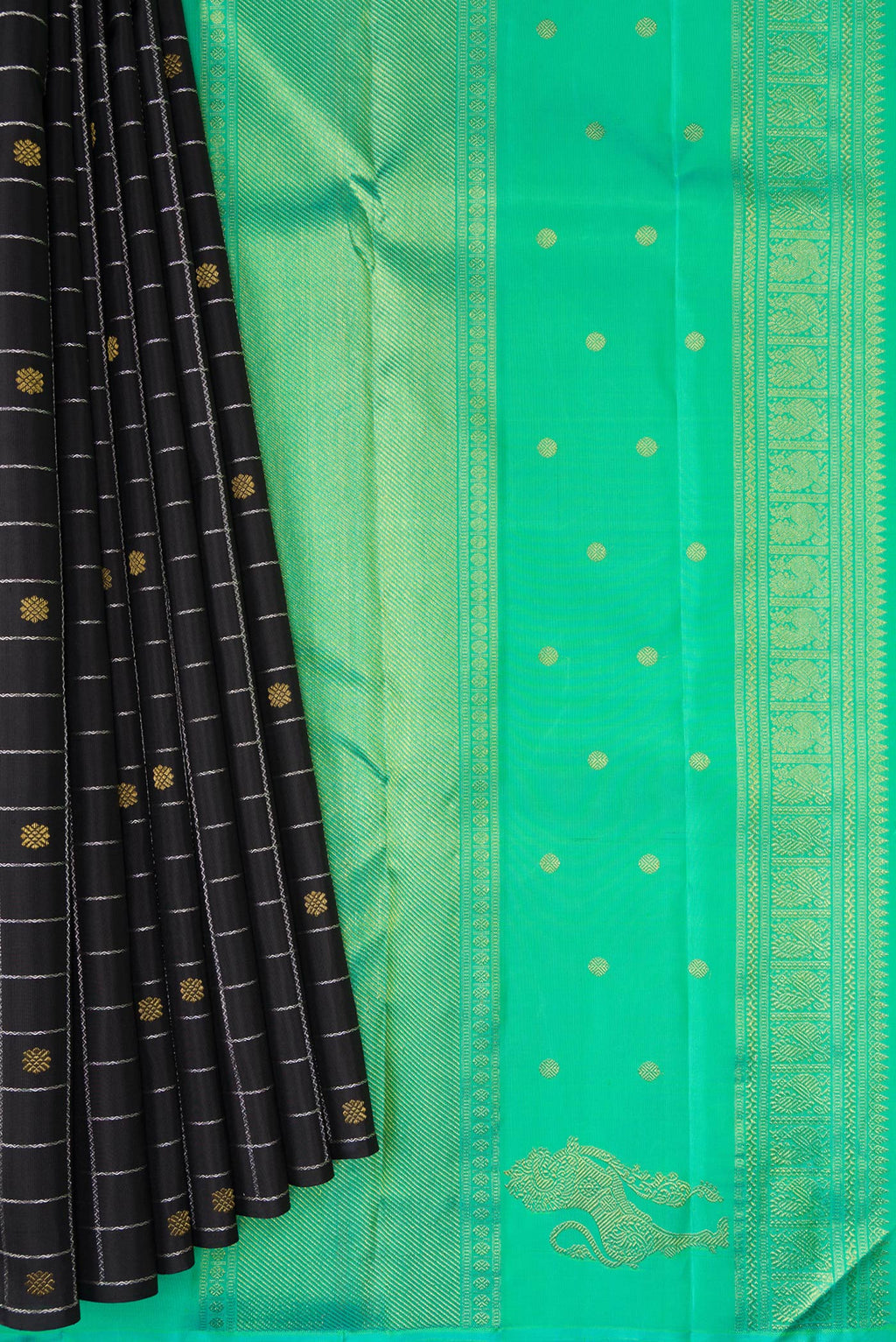 Pleats and pallu of Pure Silk Pure Zari Black Dual Tone Kanjivaram Saree with Checked design on the body and Without Border. 