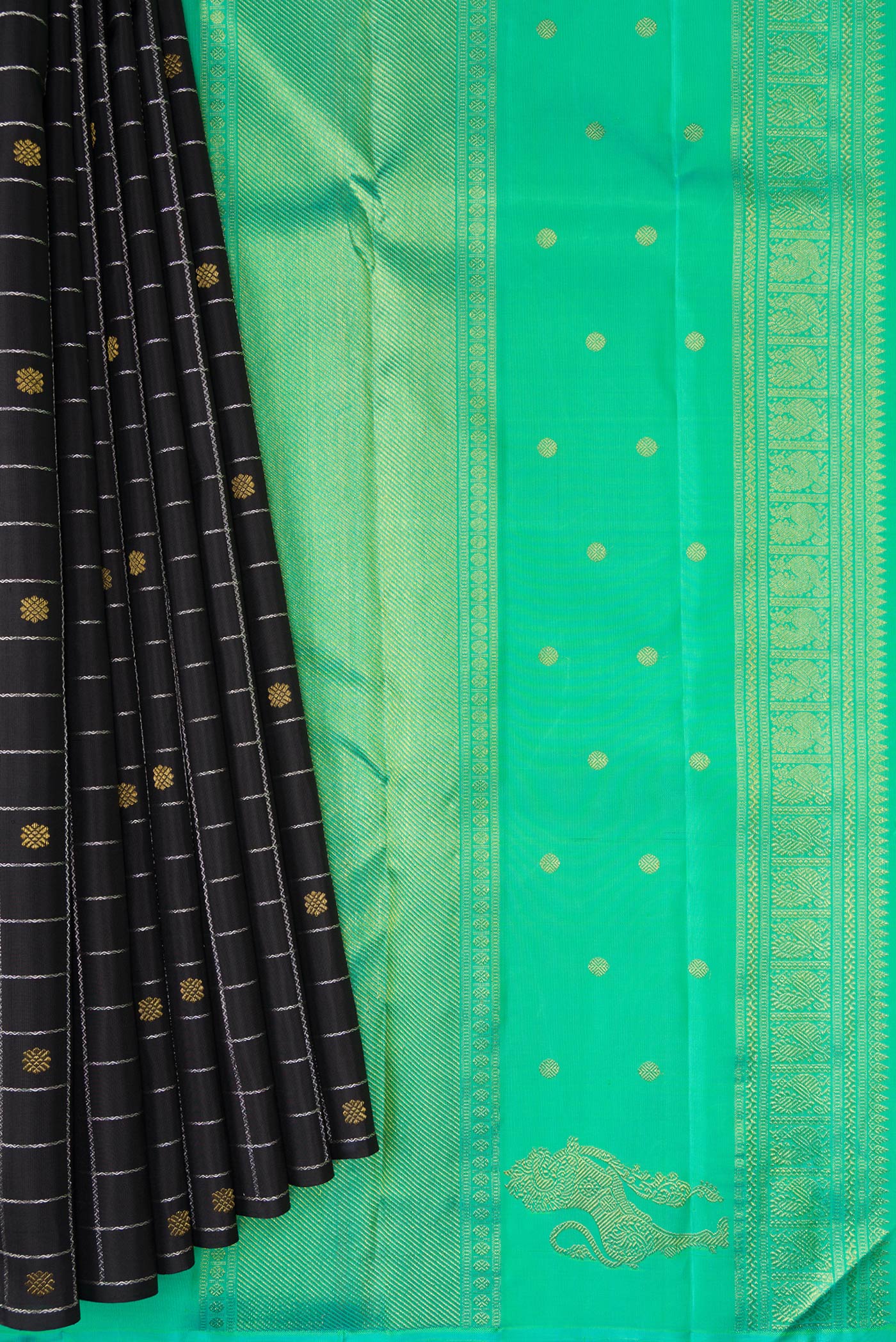 Pleats and pallu of Pure Silk Pure Zari Black Dual Tone Kanjivaram Saree with Checked design on the body and Without Border. 