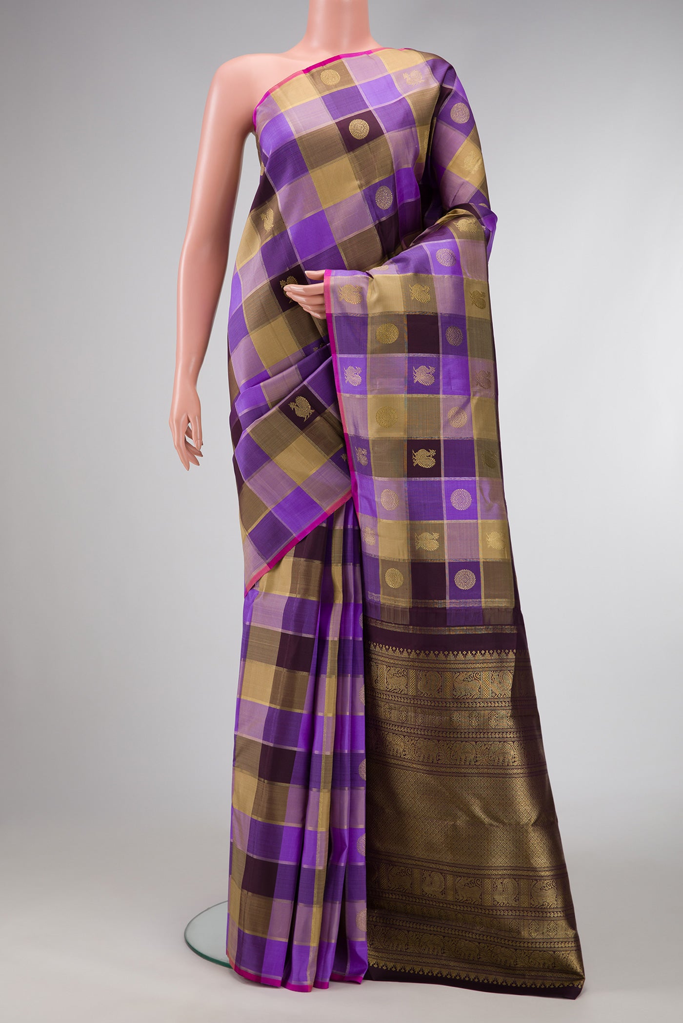Lavender, Beige and Coffee Brown Color Kanjivaram Silk Saree with Checked design on the body and Without Border.  displayed on a mannequin