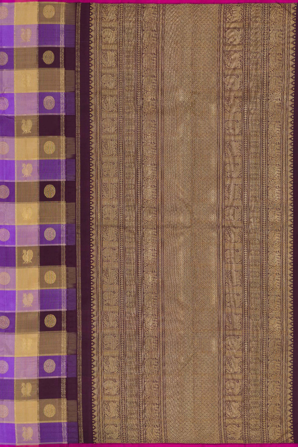 Close up image of the pallu of Lavender, Beige and Coffee Brown Color Kanjivaram Silk Saree with Checked design on the body and Without Border. 