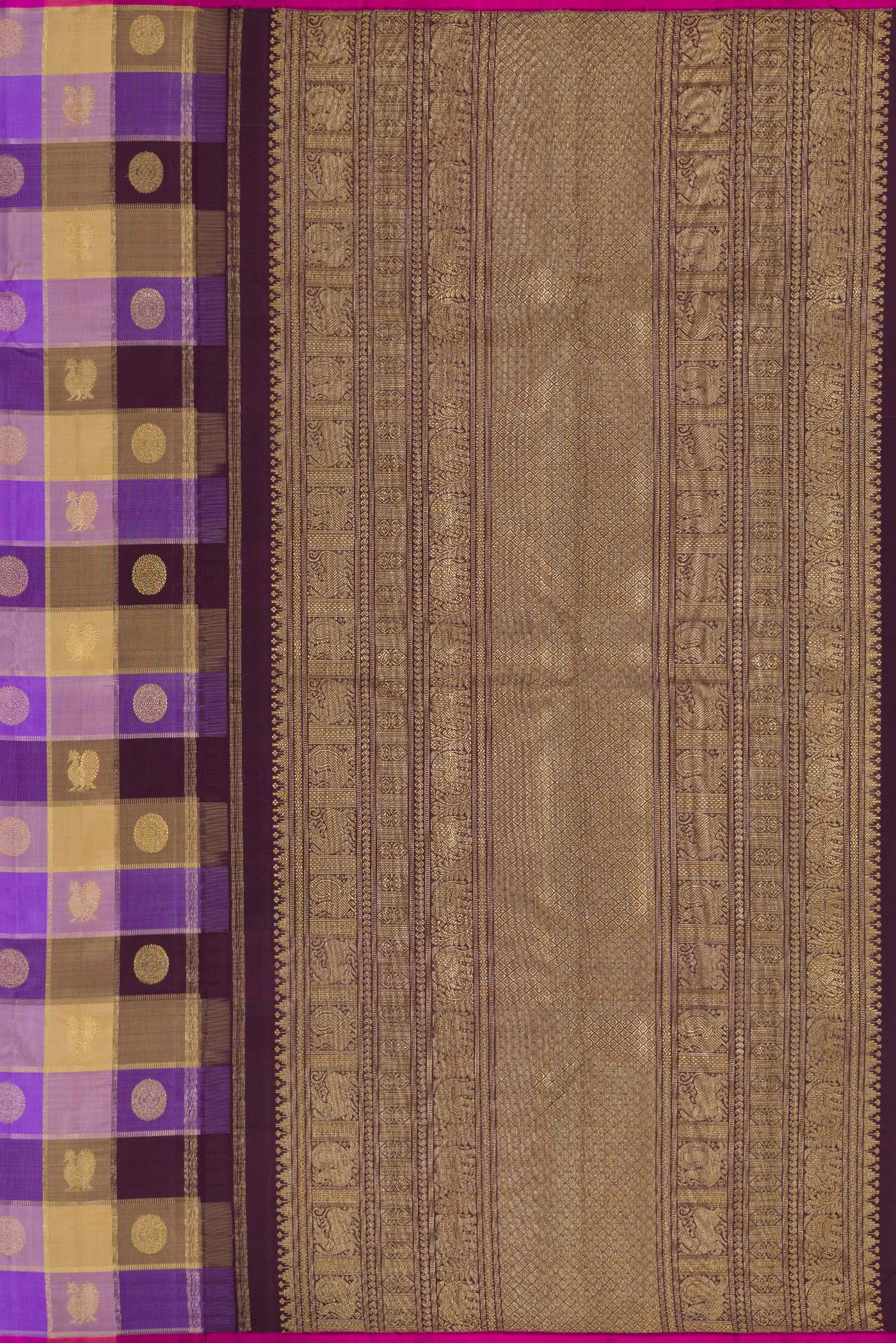 Close up image of the pallu of Lavender, Beige and Coffee Brown Color Kanjivaram Silk Saree with Checked design on the body and Without Border. 
