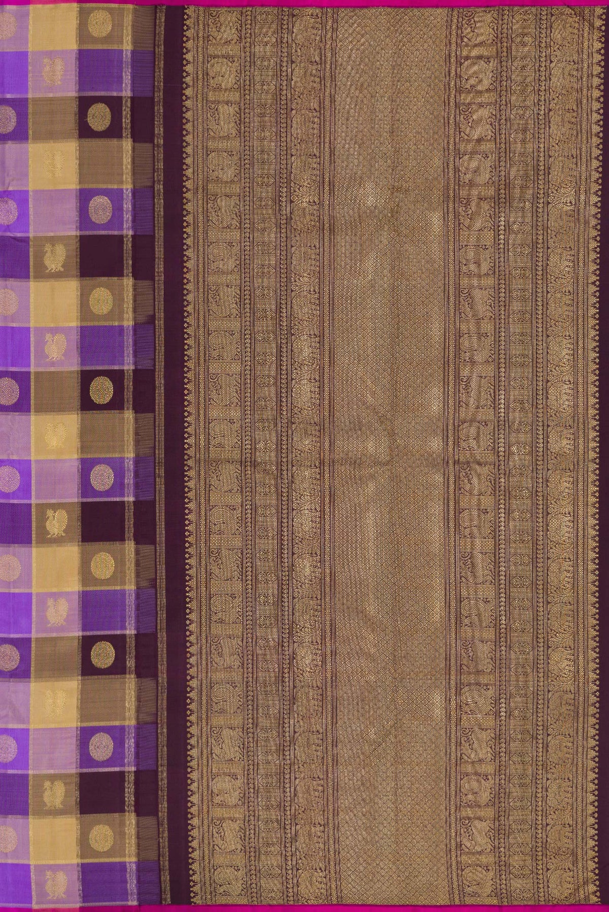 Close up image of the pallu of Lavender, Beige and Coffee Brown Color Kanjivaram Silk Saree with Checked design on the body and Without Border. 