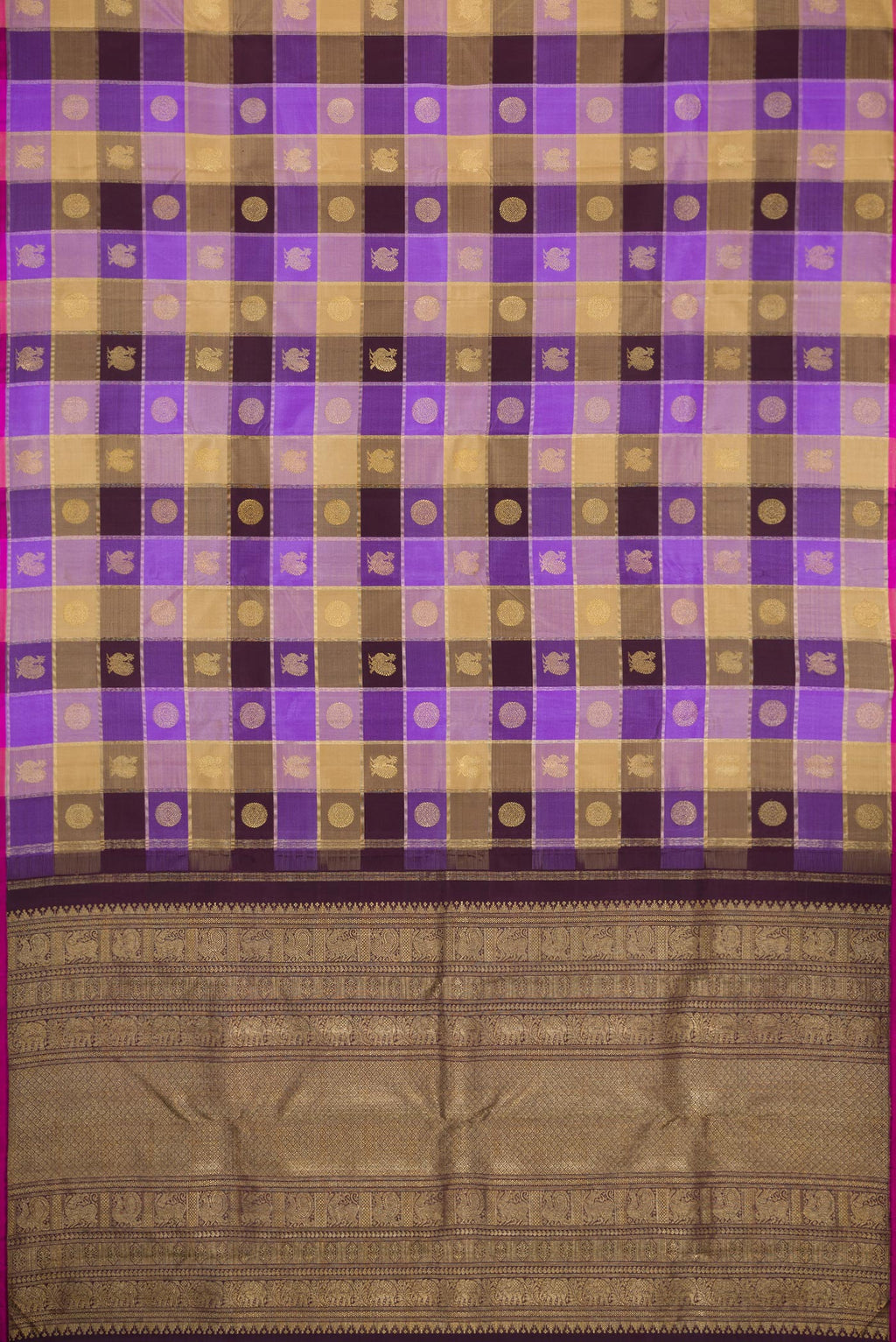 Flat view of Lavender, Beige and Coffee Brown Color Kanjivaram Silk Saree with Checked design on the body and Without Border. 