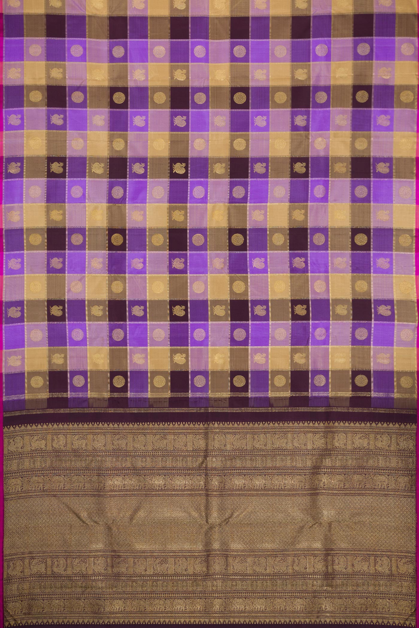 Flat view of Lavender, Beige and Coffee Brown Color Kanjivaram Silk Saree with Checked design on the body and Without Border. 