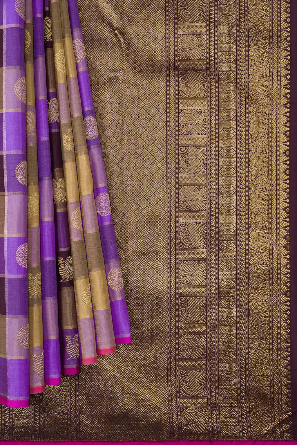 Pleats and pallu of Lavender, Beige and Coffee Brown Color Kanjivaram Silk Saree with Checked design on the body and Without Border. 