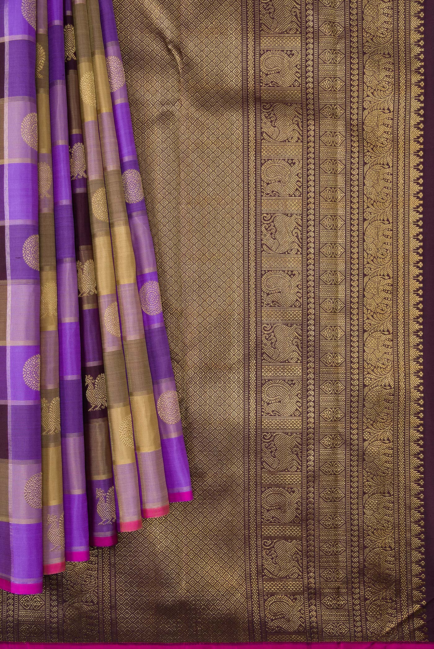 Pleats and pallu of Lavender, Beige and Coffee Brown Color Kanjivaram Silk Saree with Checked design on the body and Without Border. 