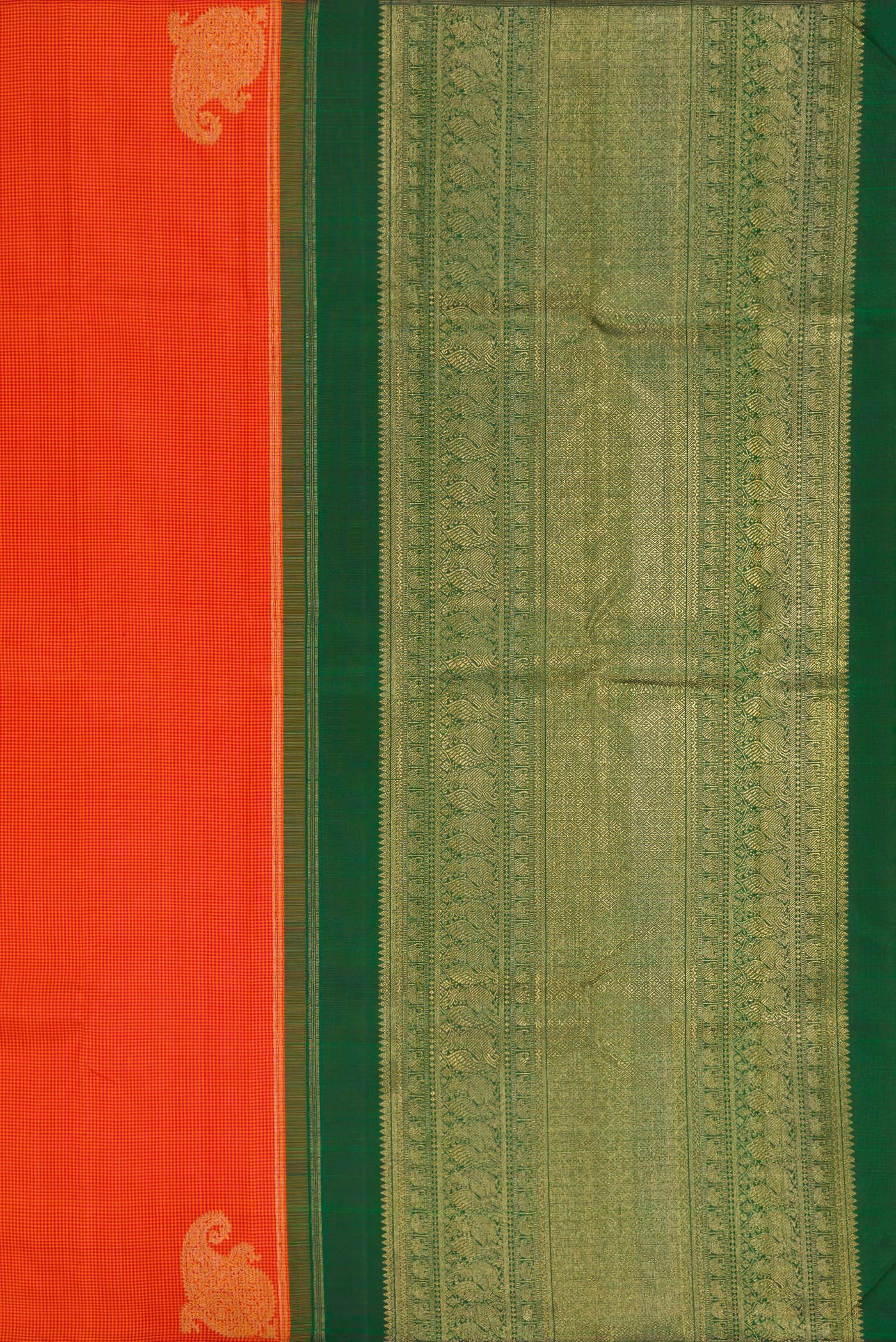 Close up image of the pallu of Pure Silk Pure Zari Orange Kanchipuram Saree with Checked design on the body and Without Border. 