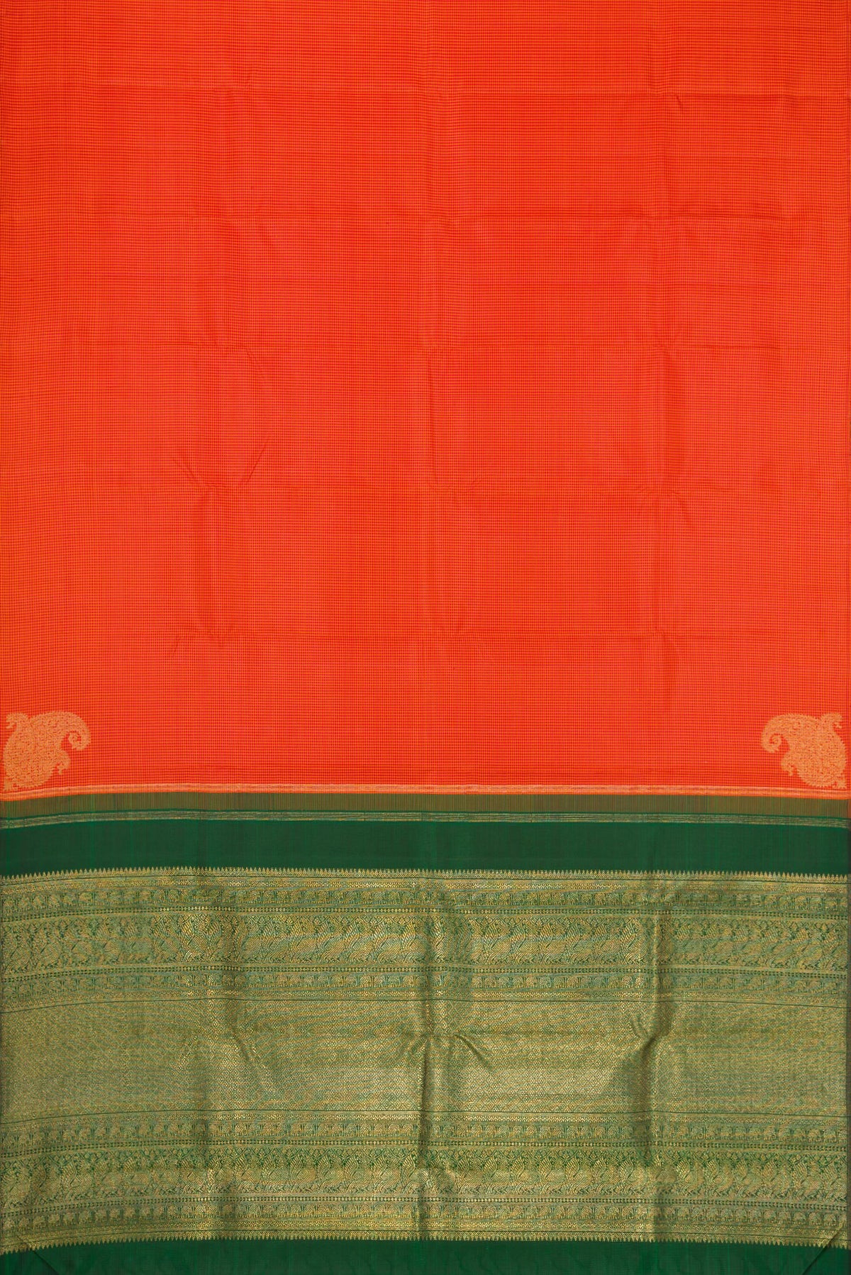 Flat view of Pure Silk Pure Zari Orange Kanchipuram Saree with Checked design on the body and Without Border. 