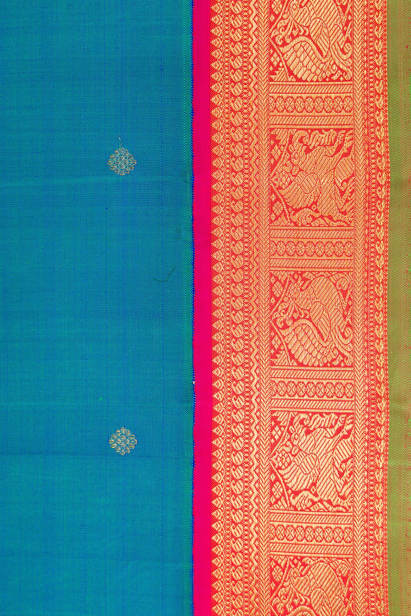 Border image of Pure Silk Pure Zari Peacock Blue Dual Tone Kanjivaram Saree with Zari Butta on the body and Zari Border. 