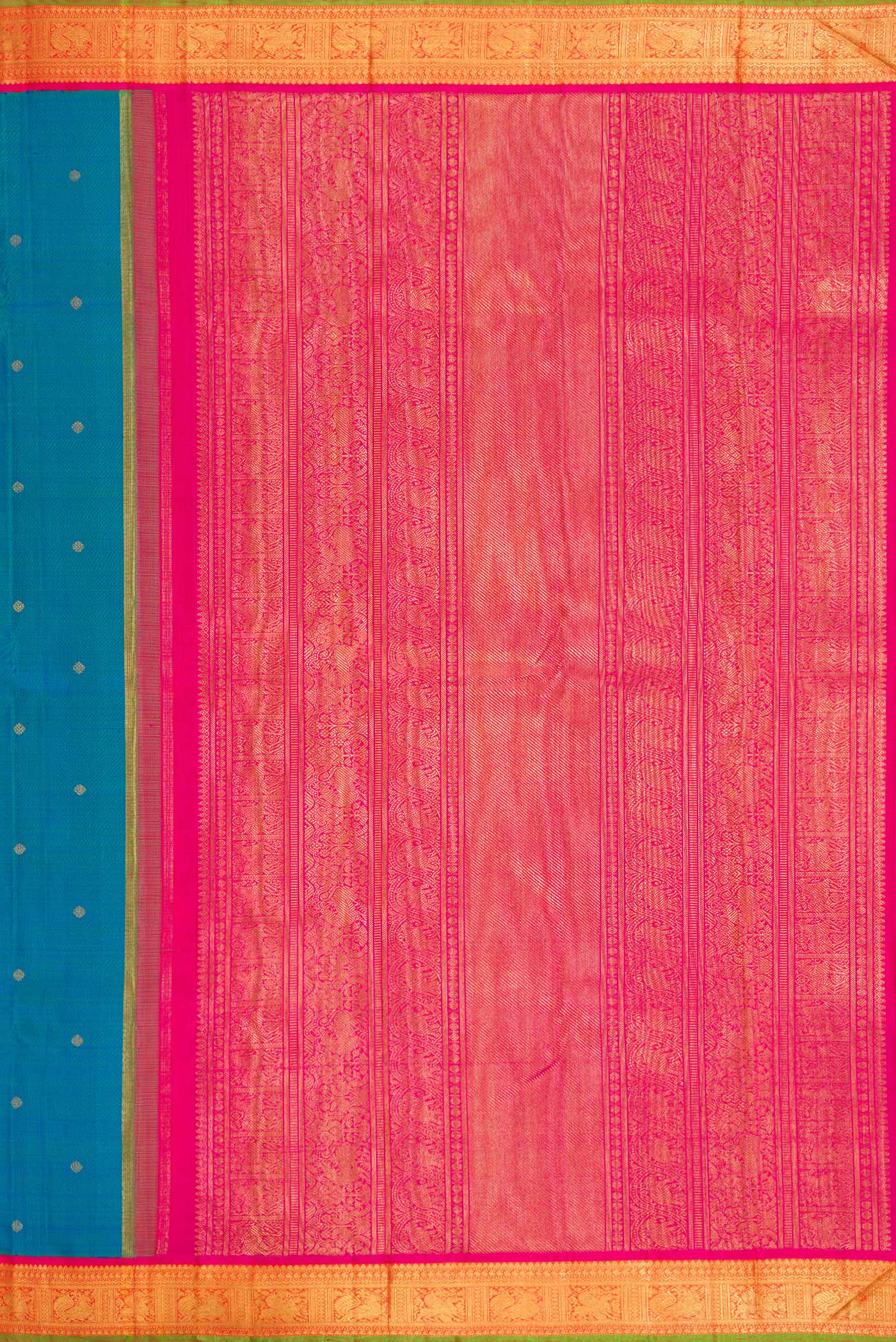 Close up image of the pallu of Pure Silk Pure Zari Peacock Blue Dual Tone Kanjivaram Saree with Zari Butta on the body and Zari Border. 