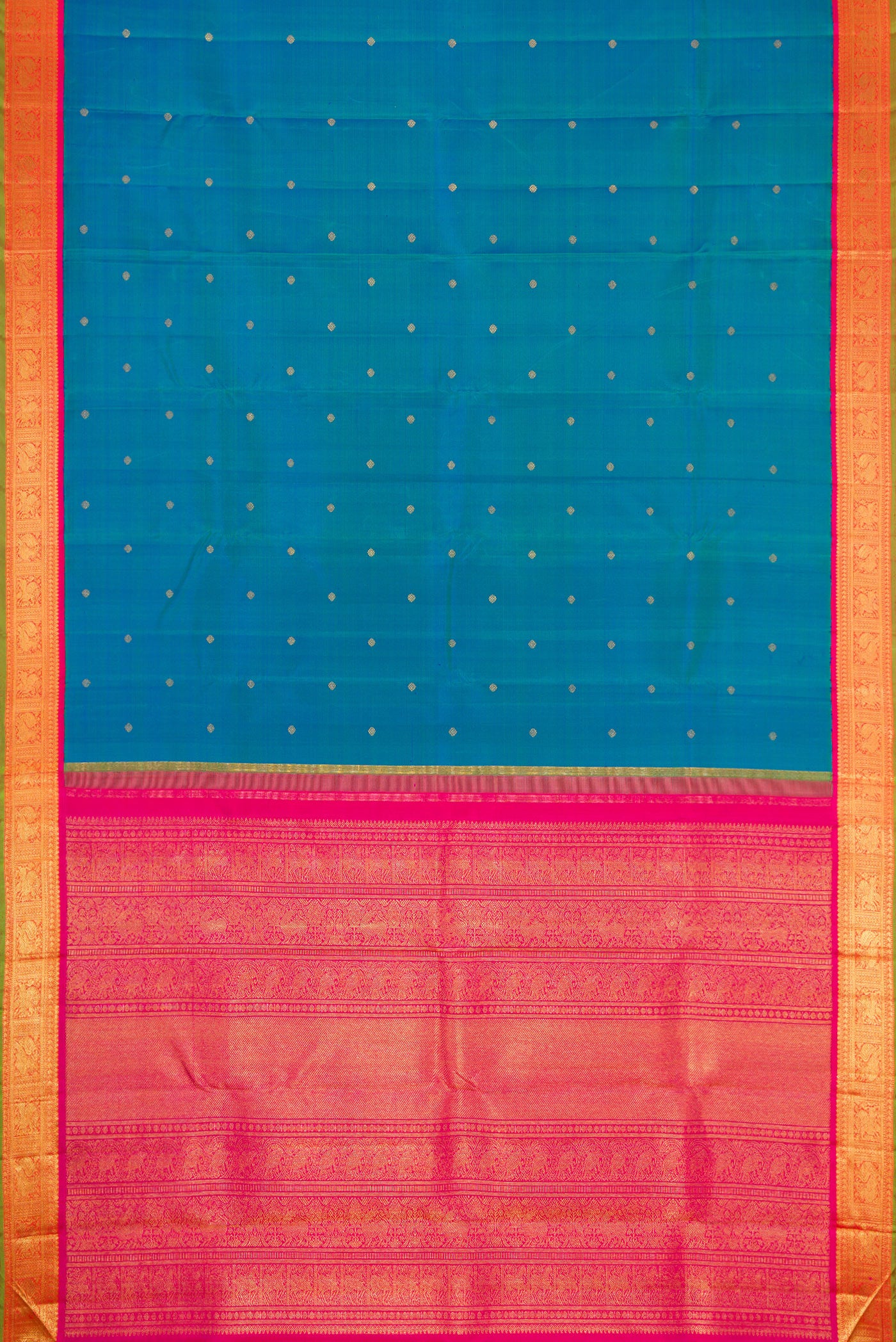 Flat view of Pure Silk Pure Zari Peacock Blue Dual Tone Kanjivaram Saree with Zari Butta on the body and Zari Border. 