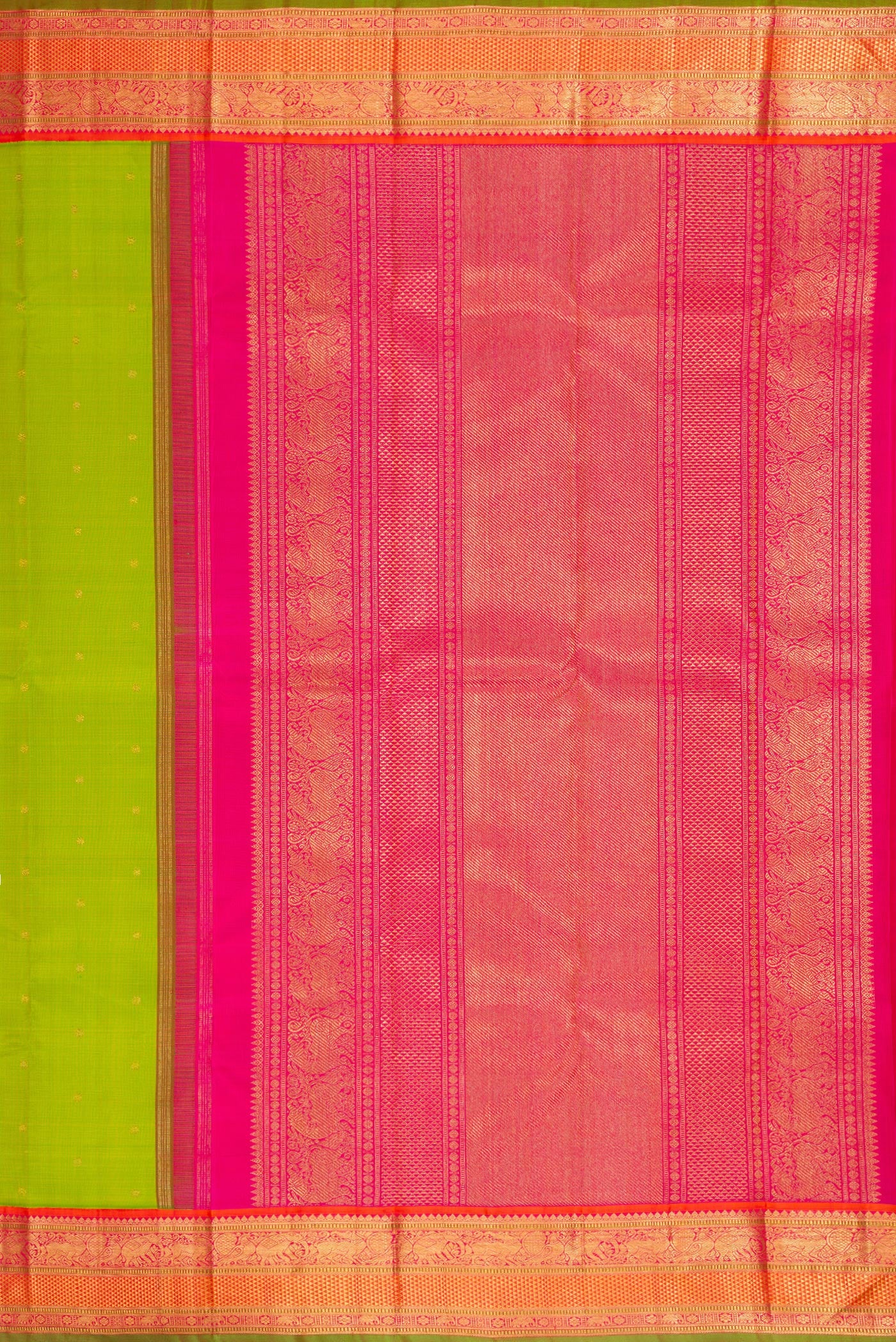 Close up image of the pallu of Pure Silk Pure Zari Parrot Green Dual Tone Kanjivaram Saree with Zari Butta on the body and Zari Border. 