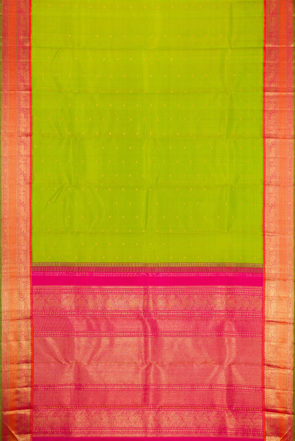 Flat view of Pure Silk Pure Zari Parrot Green Dual Tone Kanjivaram Saree with Zari Butta on the body and Zari Border. 