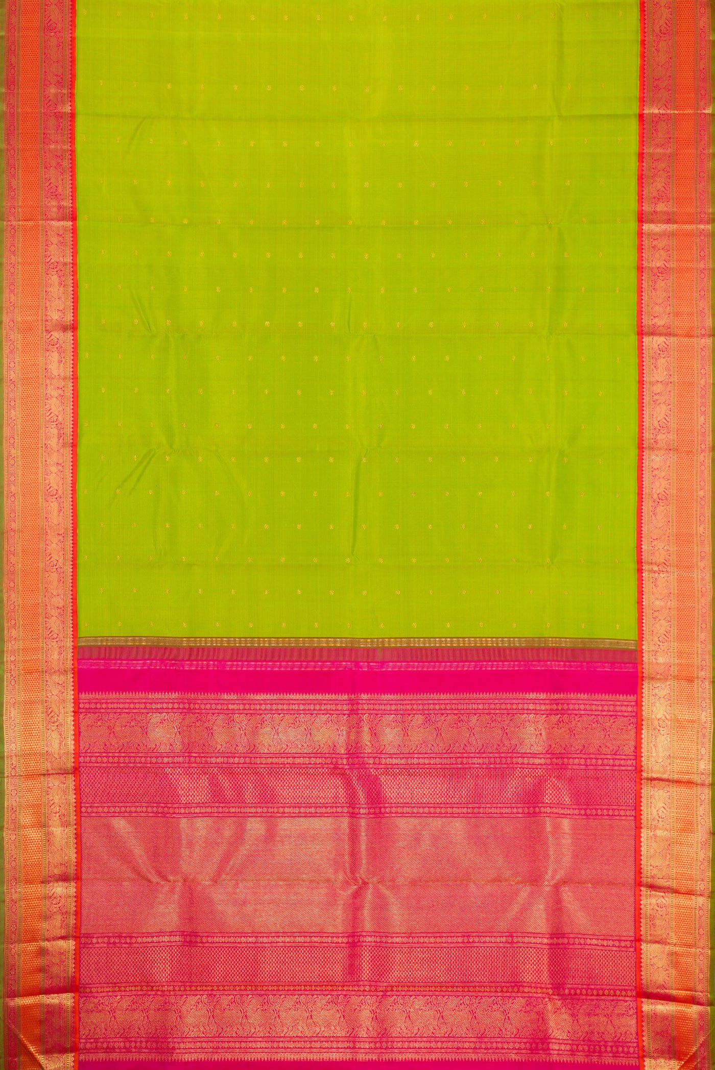 Flat view of Pure Silk Pure Zari Parrot Green Dual Tone Kanjivaram Saree with Zari Butta on the body and Zari Border. 