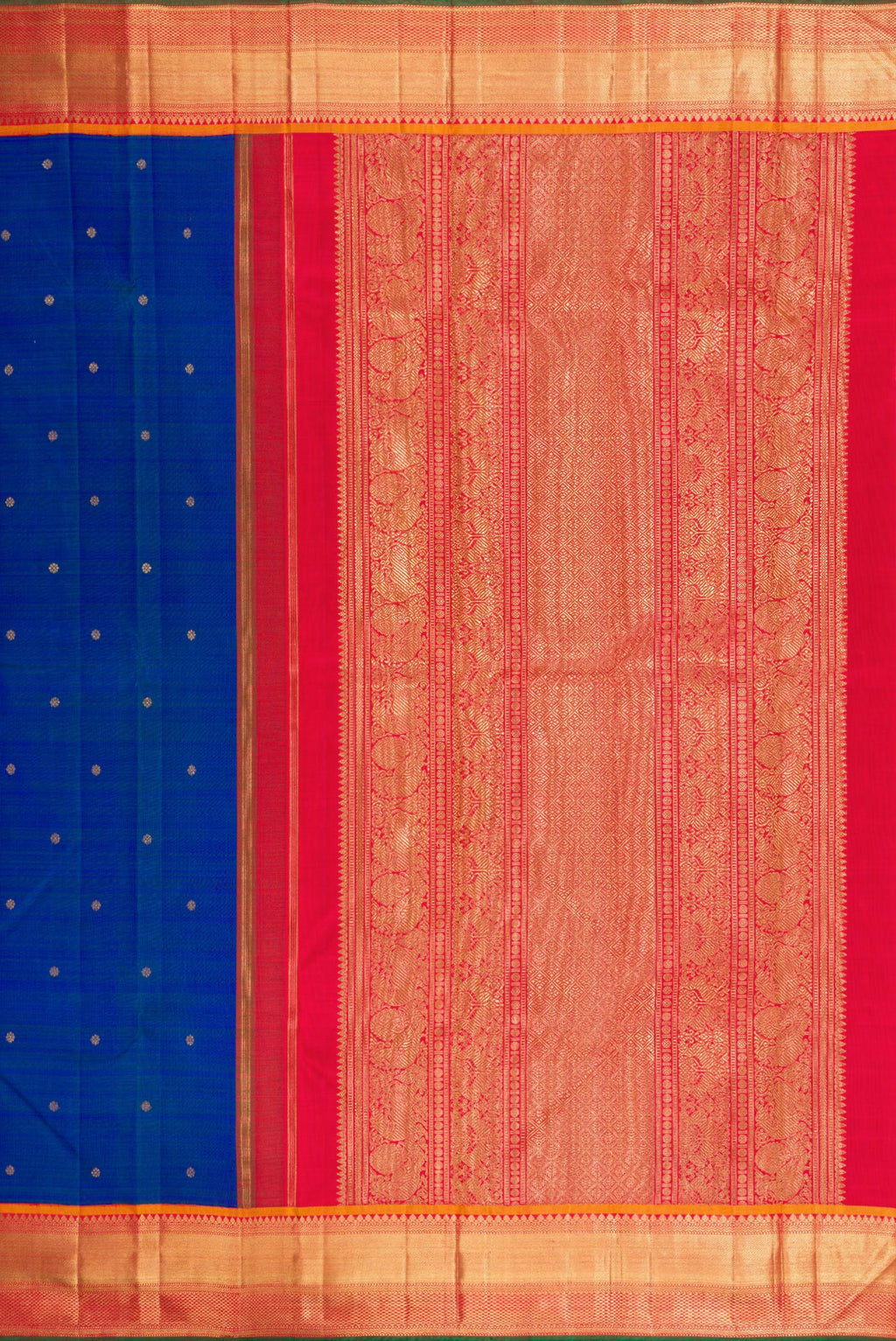 Close up image of the pallu of Pure Silk Pure Zari Peacock Blue Dual Tone Kanjivaram Saree with Zari Butta on the body and Zari Border. 
