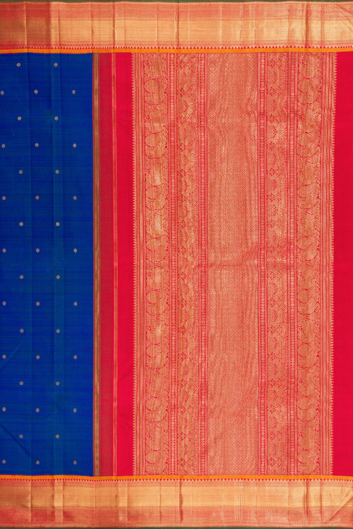 Close up image of the pallu of Pure Silk Pure Zari Peacock Blue Dual Tone Kanjivaram Saree with Zari Butta on the body and Zari Border. 