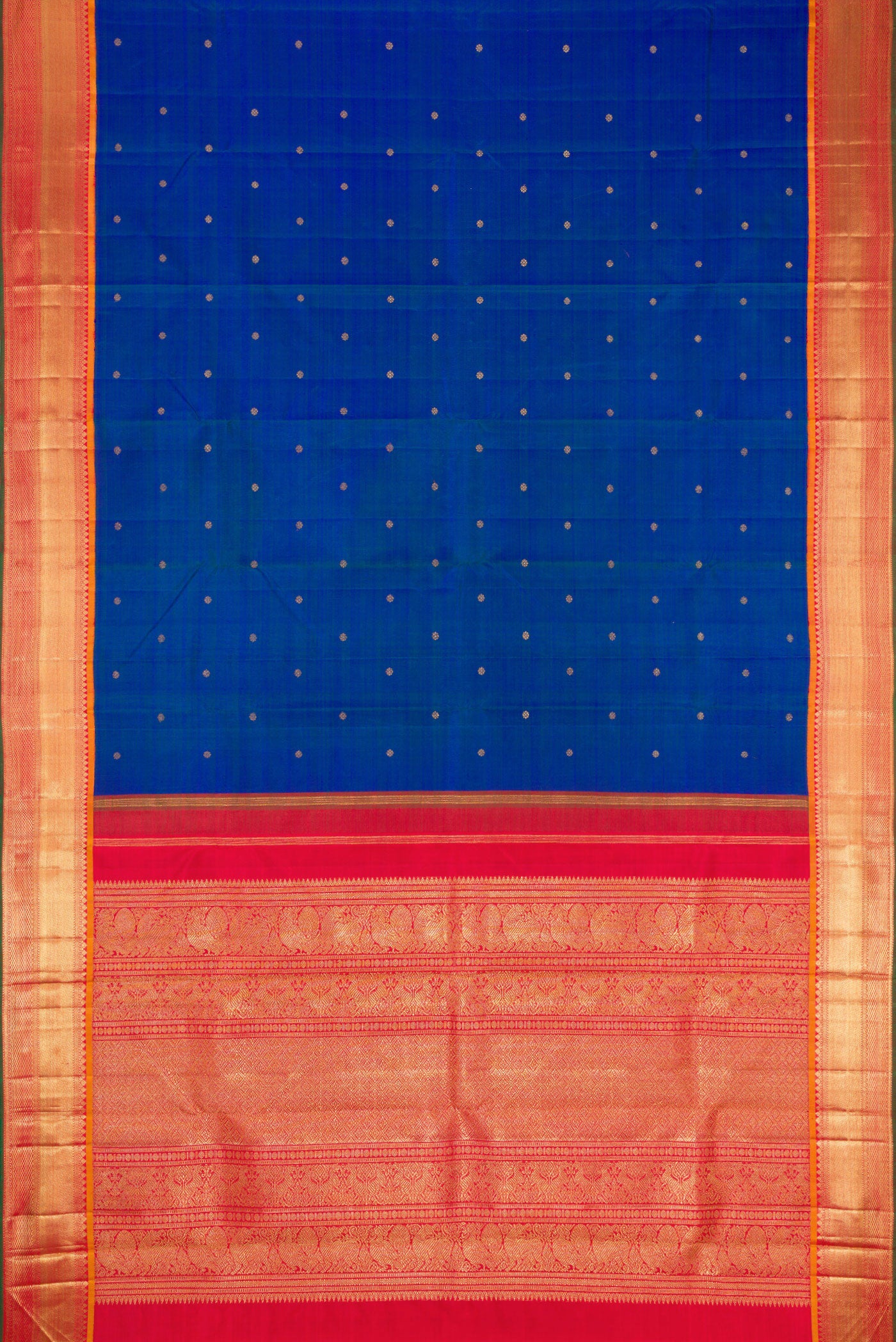 Flat view of Pure Silk Pure Zari Peacock Blue Dual Tone Kanjivaram Saree with Zari Butta on the body and Zari Border. 