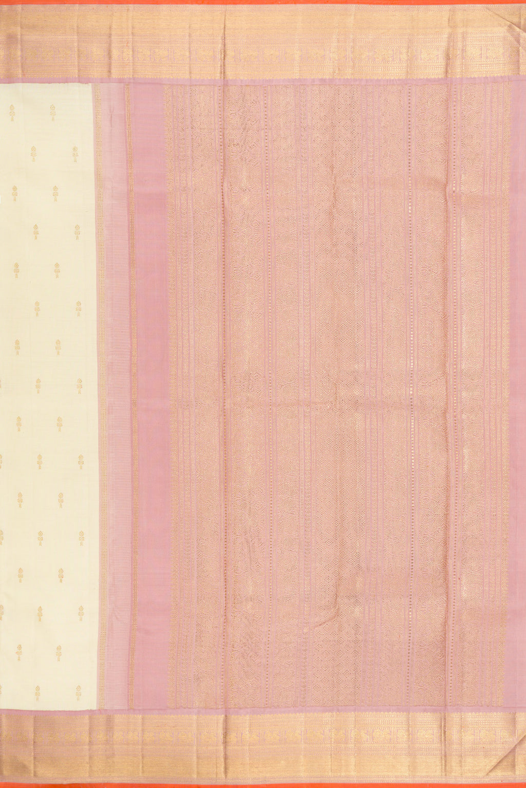 Close up image of the pallu of Pure Silk Pure Zari Off White Kanjivaram Saree with Zari Butta on the body and Zari Border. 