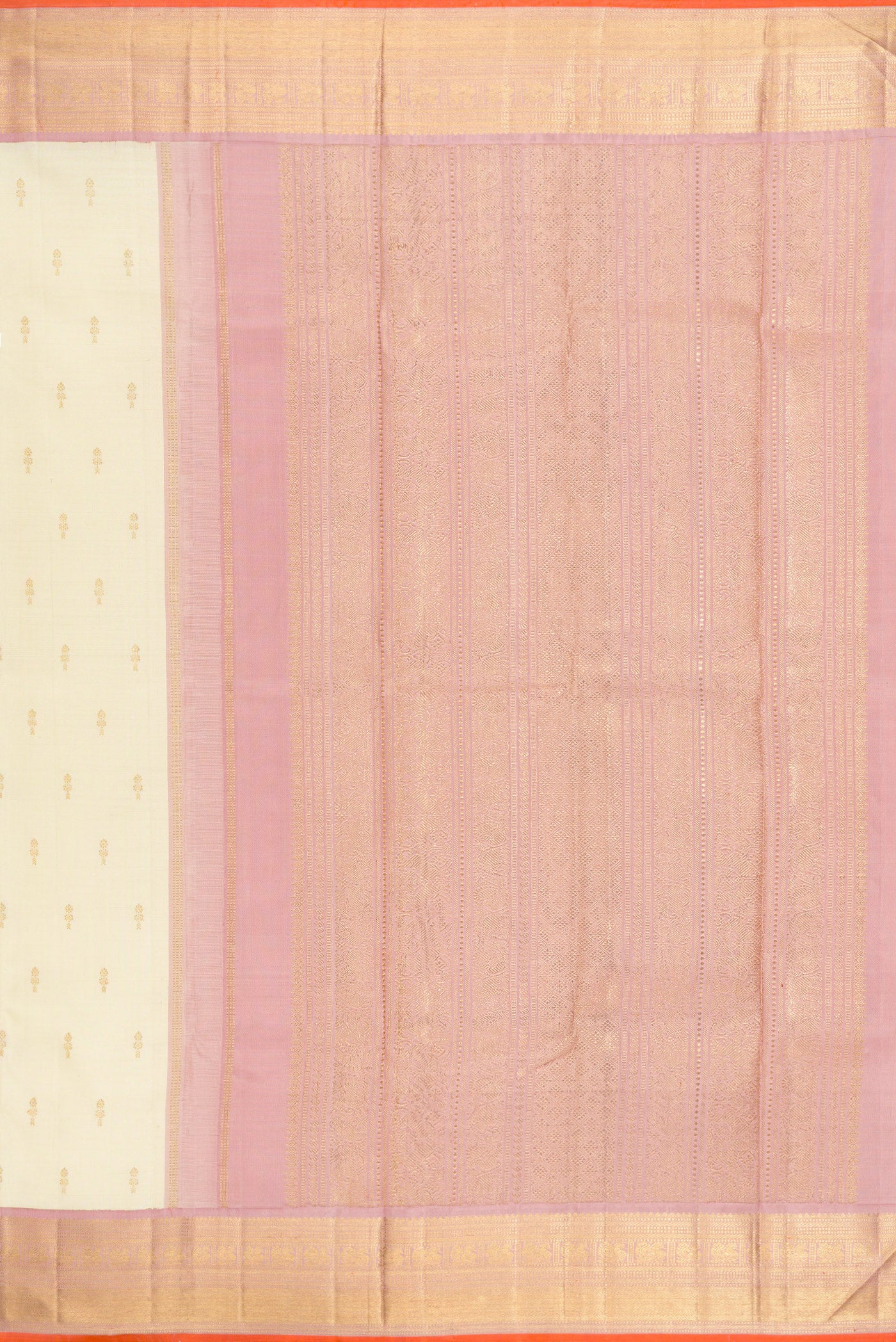 Close up image of the pallu of Pure Silk Pure Zari Off White Kanjivaram Saree with Zari Butta on the body and Zari Border. 