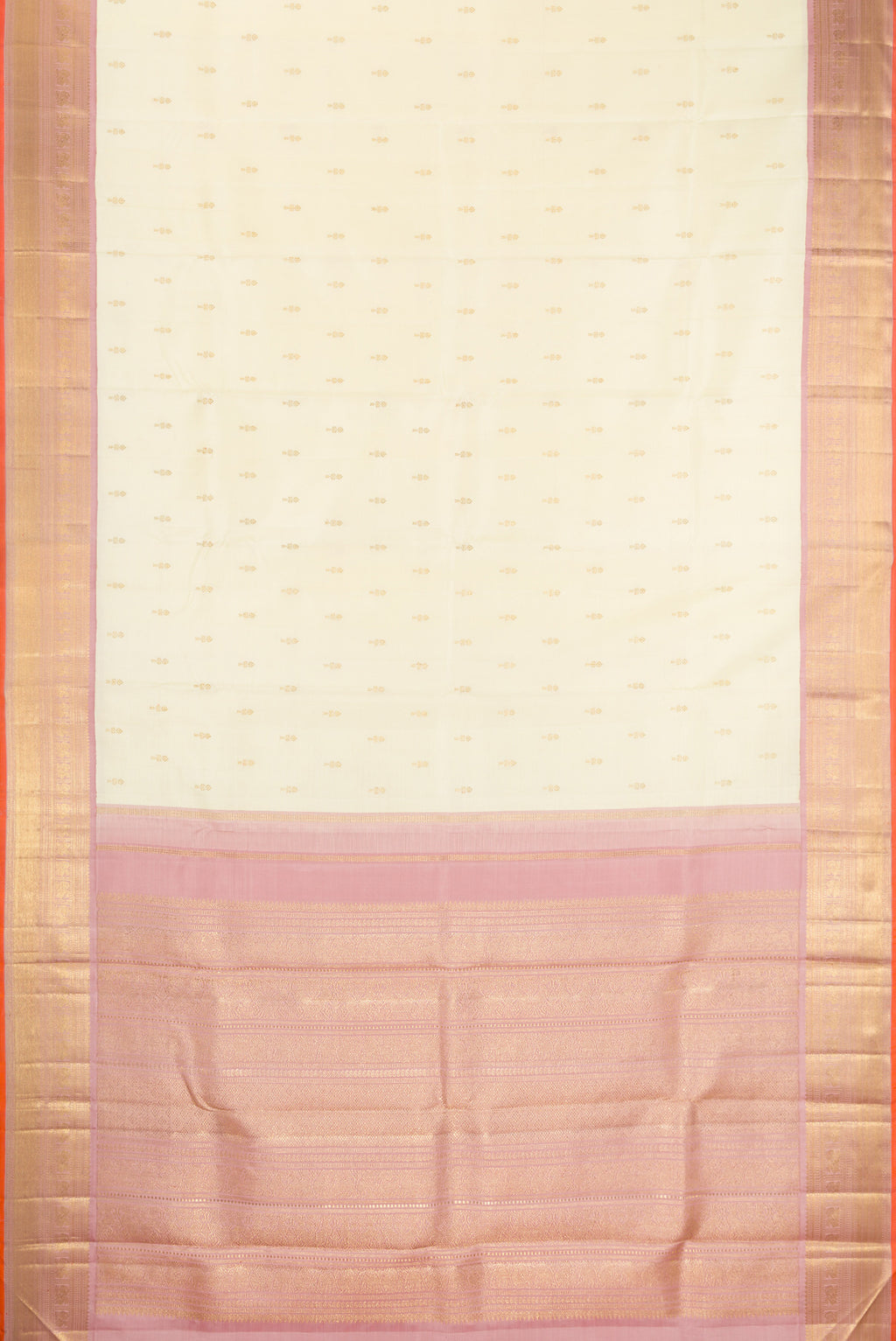 Flat view of Pure Silk Pure Zari Off White Kanjivaram Saree with Zari Butta on the body and Zari Border. 