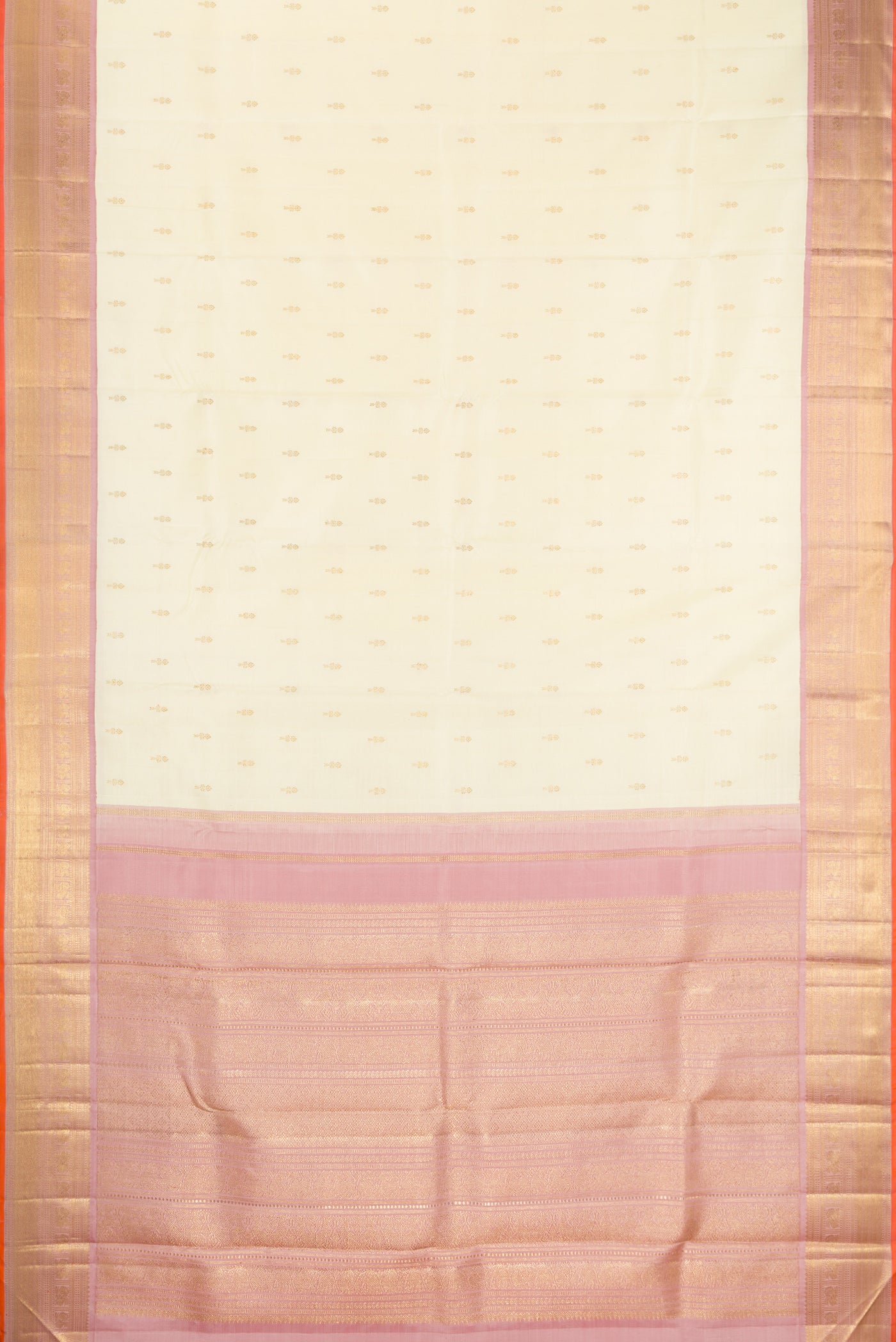 Flat view of Pure Silk Pure Zari Off White Kanjivaram Saree with Zari Butta on the body and Zari Border. 