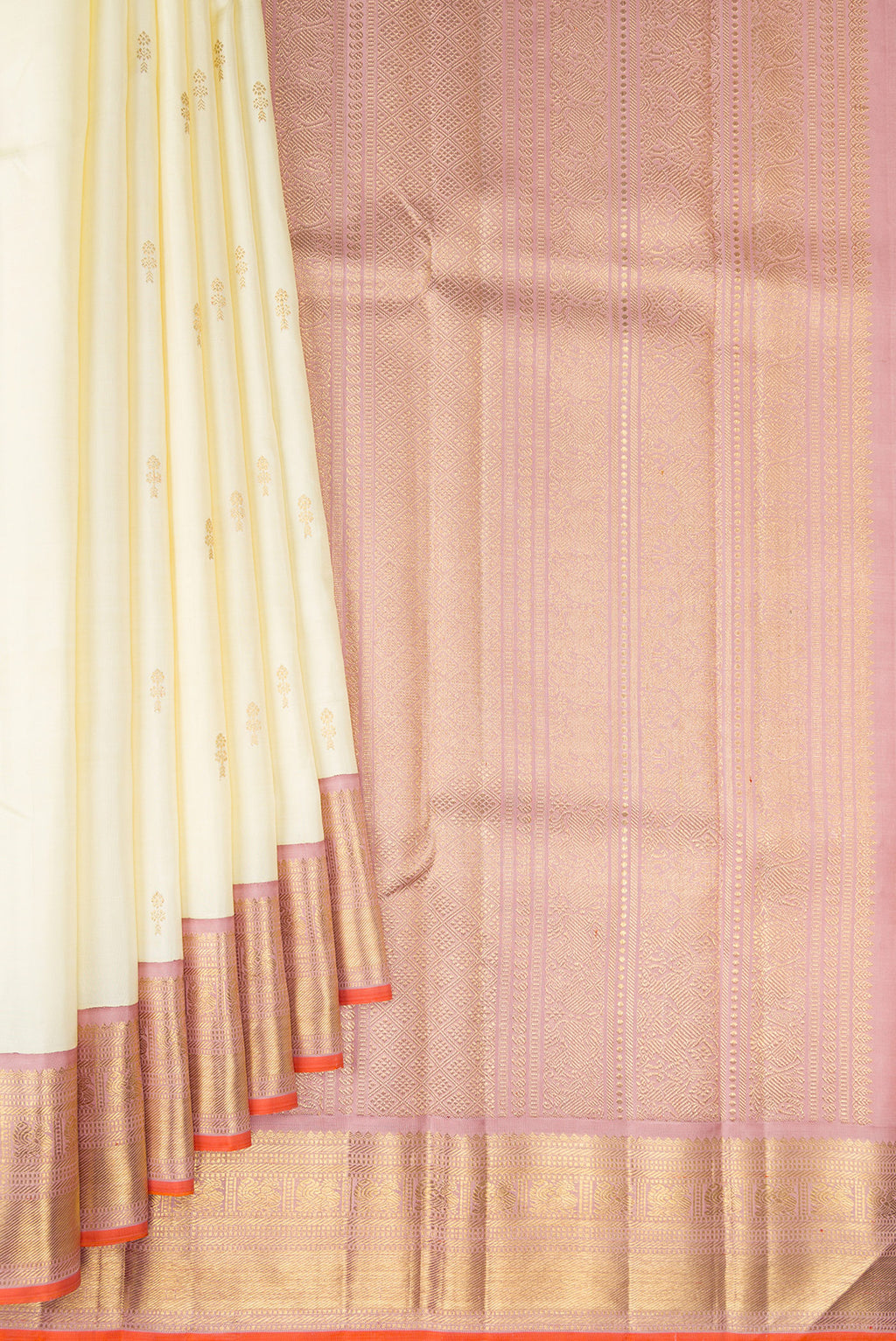 Pleats and pallu of Pure Silk Pure Zari Off White Kanjivaram Saree with Zari Butta on the body and Zari Border. 