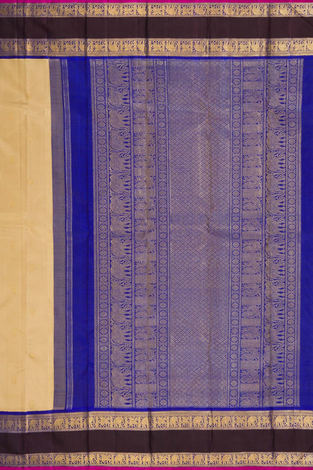 Close up image of the pallu of Pure Silk Pure Zari Beige Kanjivaram Saree with Zari Butta on the body and Zari Border. 