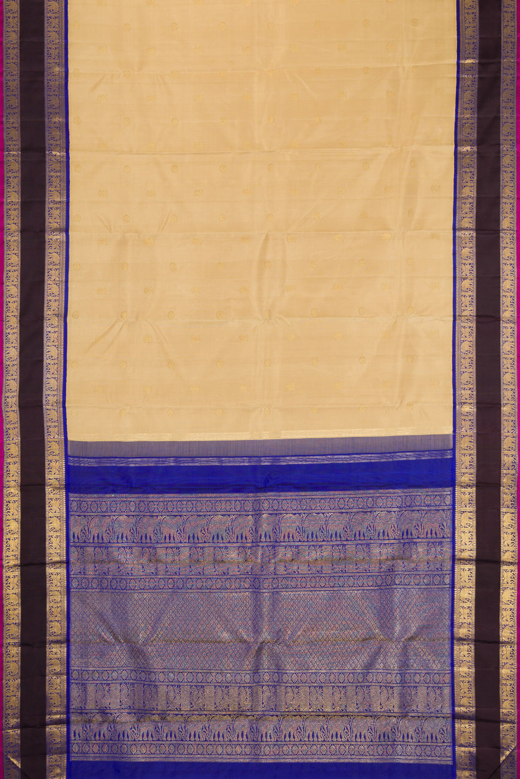 Flat view of Pure Silk Pure Zari Beige Kanjivaram Saree with Zari Butta on the body and Zari Border. 