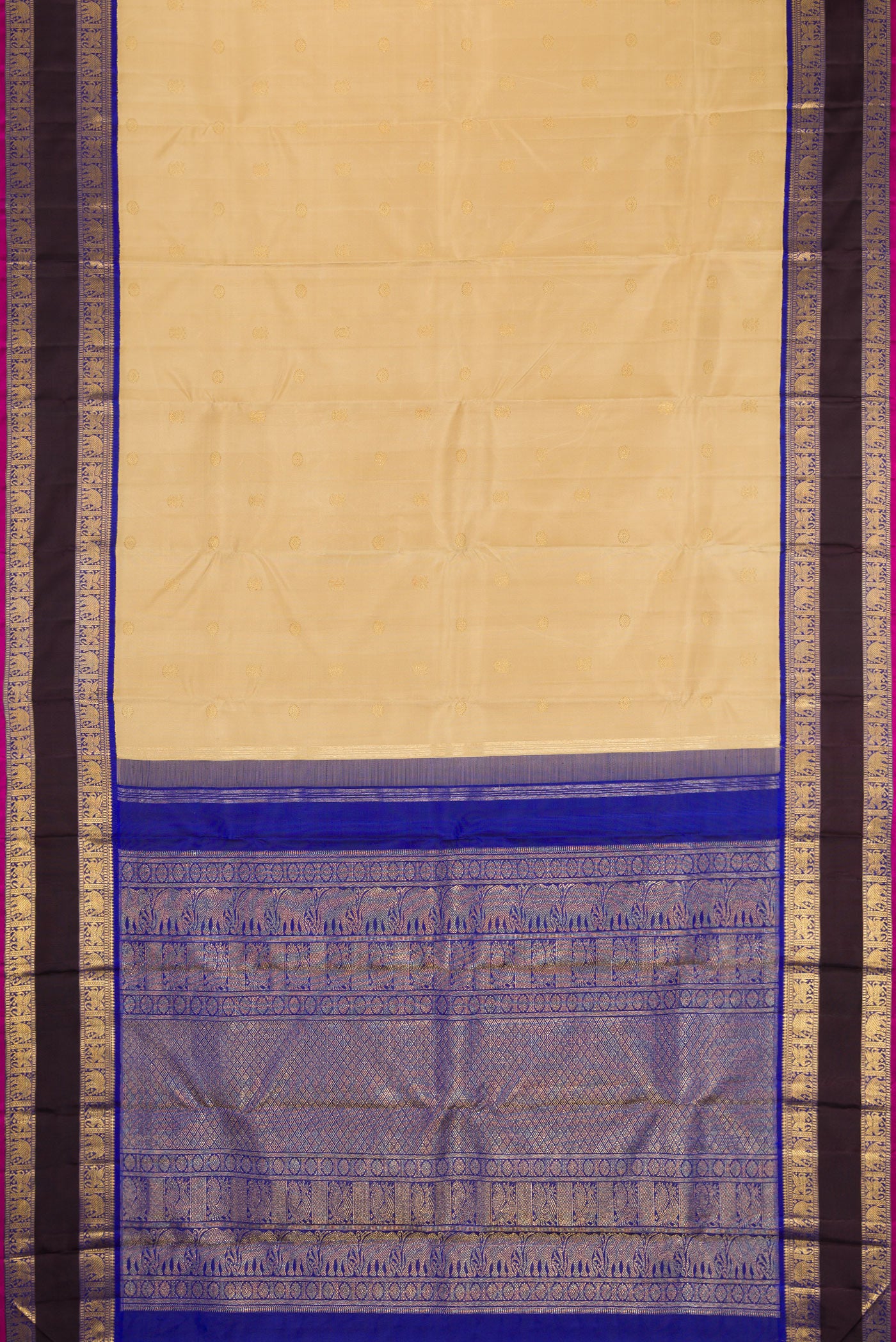 Flat view of Pure Silk Pure Zari Beige Kanjivaram Saree with Zari Butta on the body and Zari Border. 