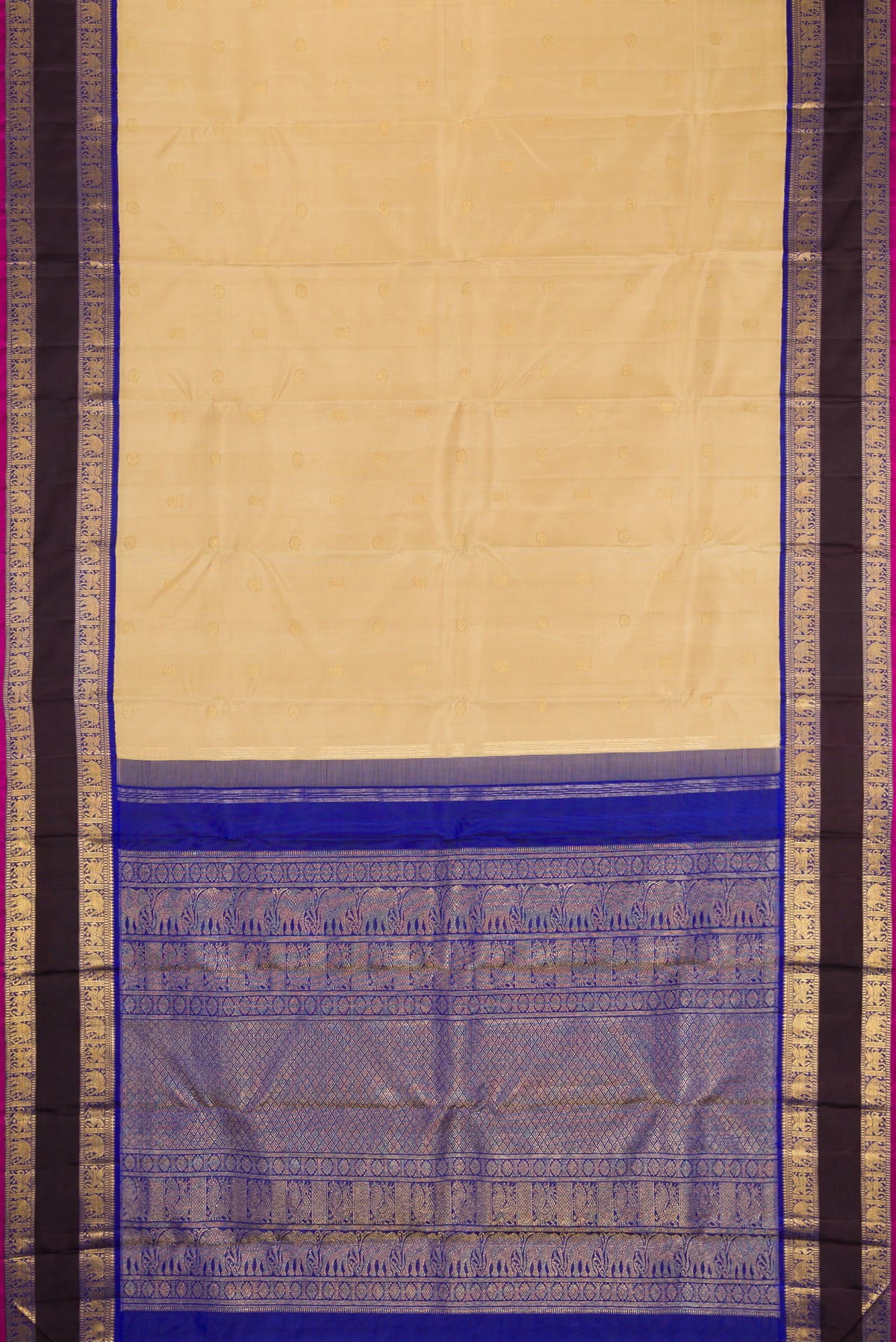 Flat view of Pure Silk Pure Zari Beige Kanjivaram Saree with Zari Butta on the body and Zari Border. 