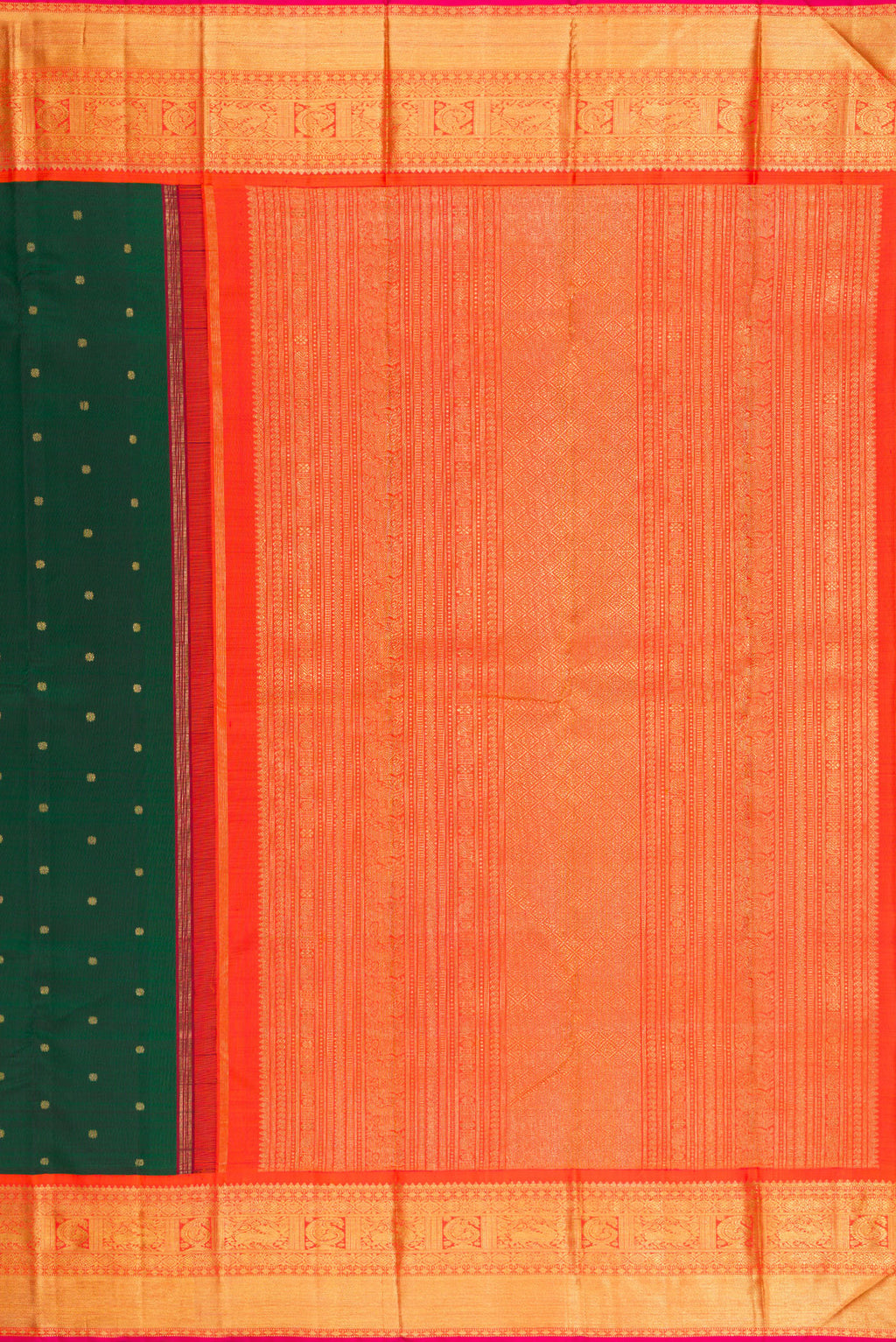 Close up image of the pallu of Pure Silk Pure Zari Bottle Green Kanjivaram Saree with Zari Butta on the body and Zari Border. 