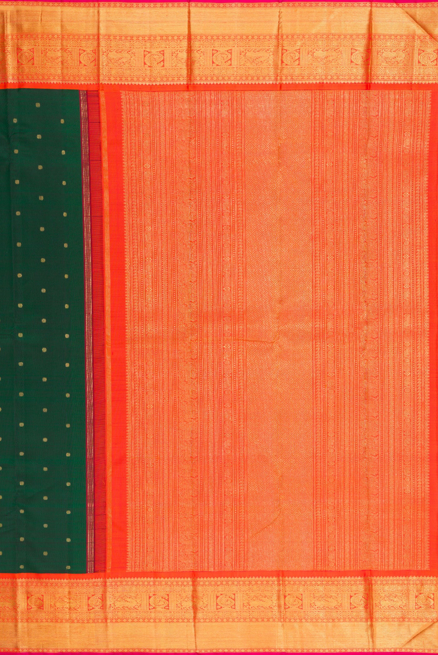 Close up image of the pallu of Pure Silk Pure Zari Bottle Green Kanjivaram Saree with Zari Butta on the body and Zari Border. 