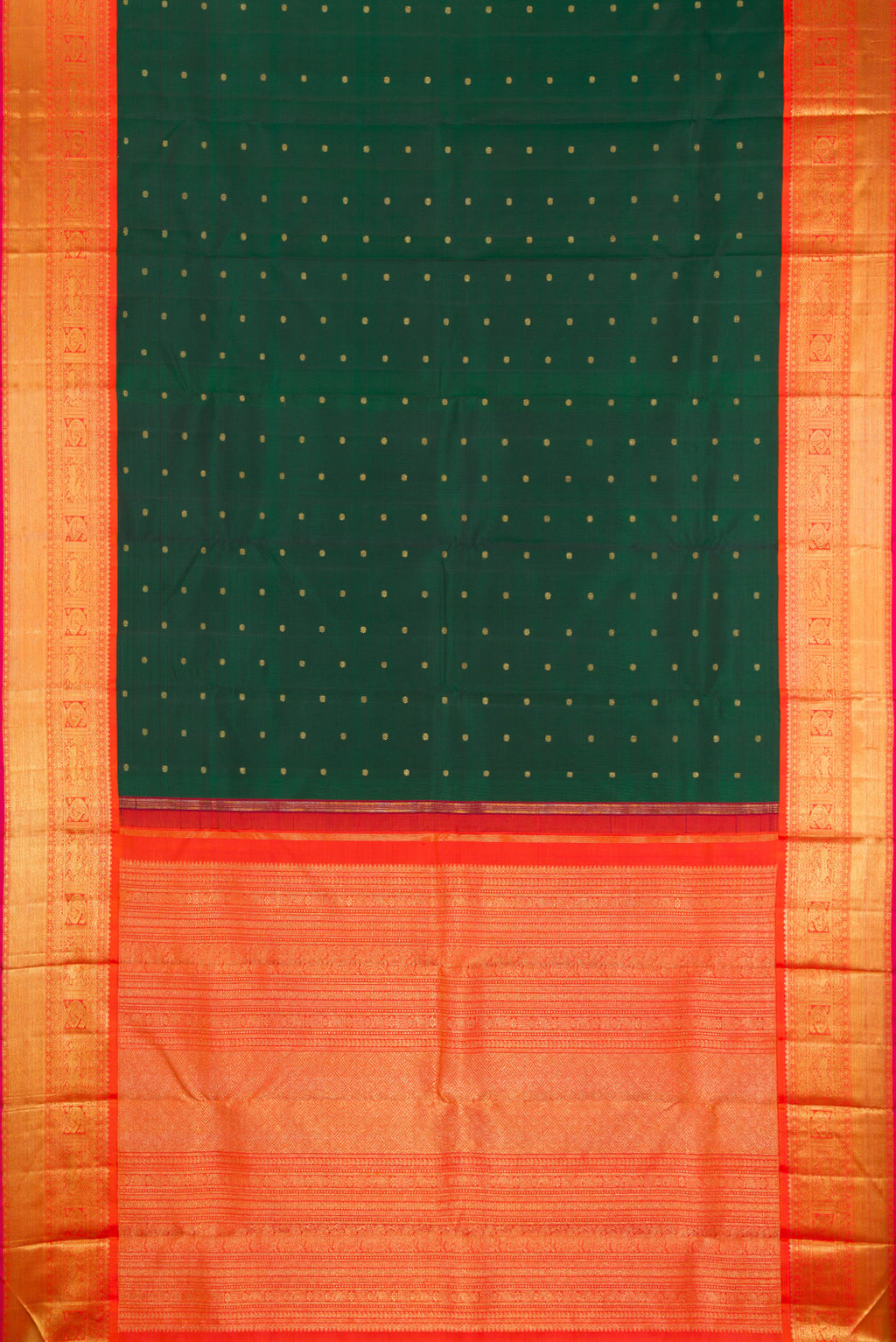 Flat view of Pure Silk Pure Zari Bottle Green Kanjivaram Saree with Zari Butta on the body and Zari Border. 