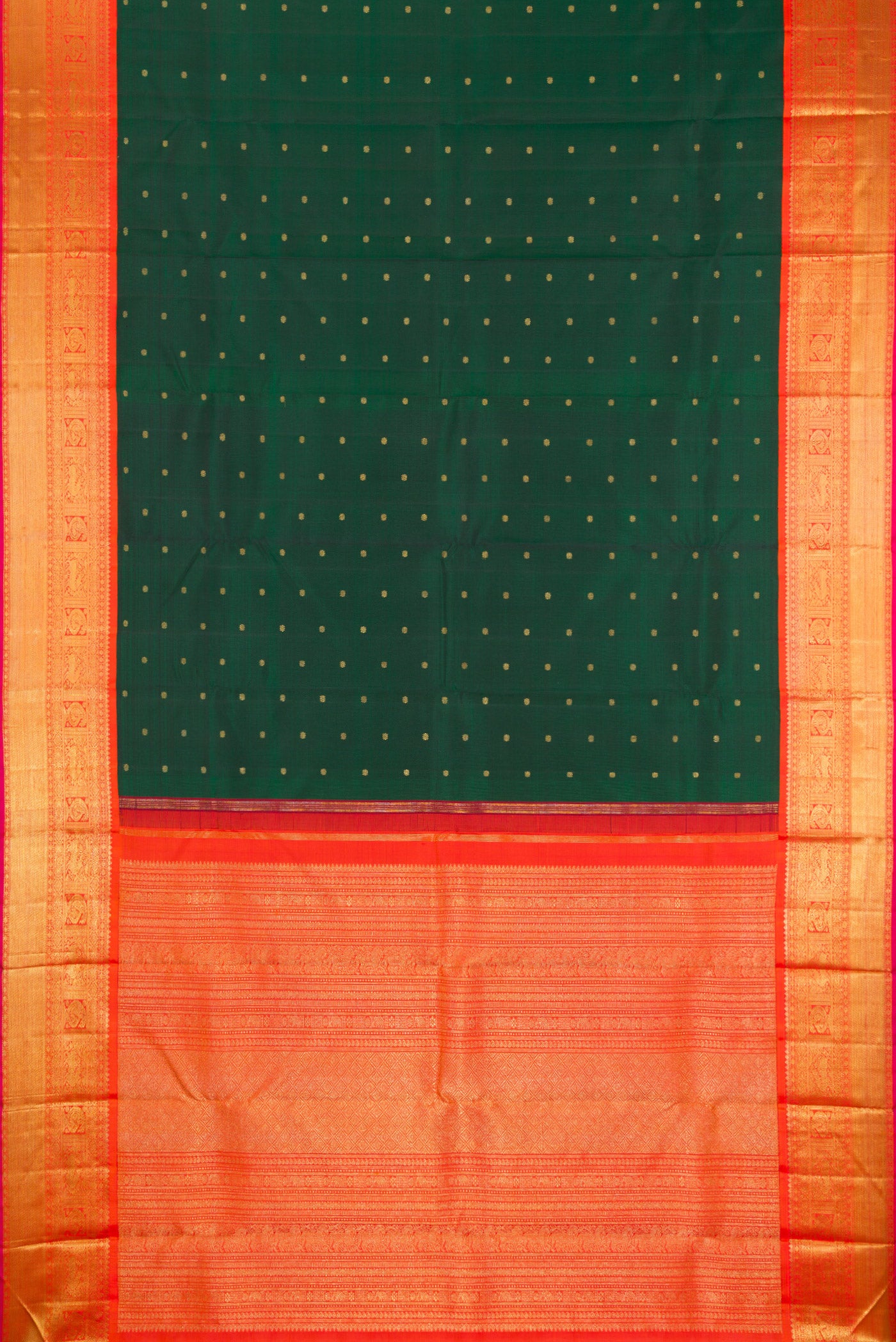 Flat view of Pure Silk Pure Zari Bottle Green Kanjivaram Saree with Zari Butta on the body and Zari Border. 
