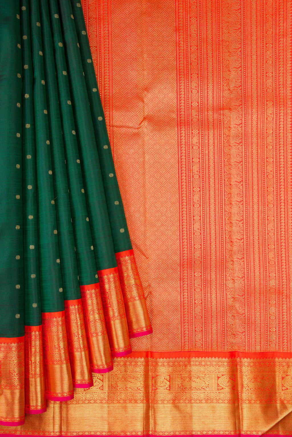 Pleats and pallu of Pure Silk Pure Zari Bottle Green Kanjivaram Saree with Zari Butta on the body and Zari Border. 