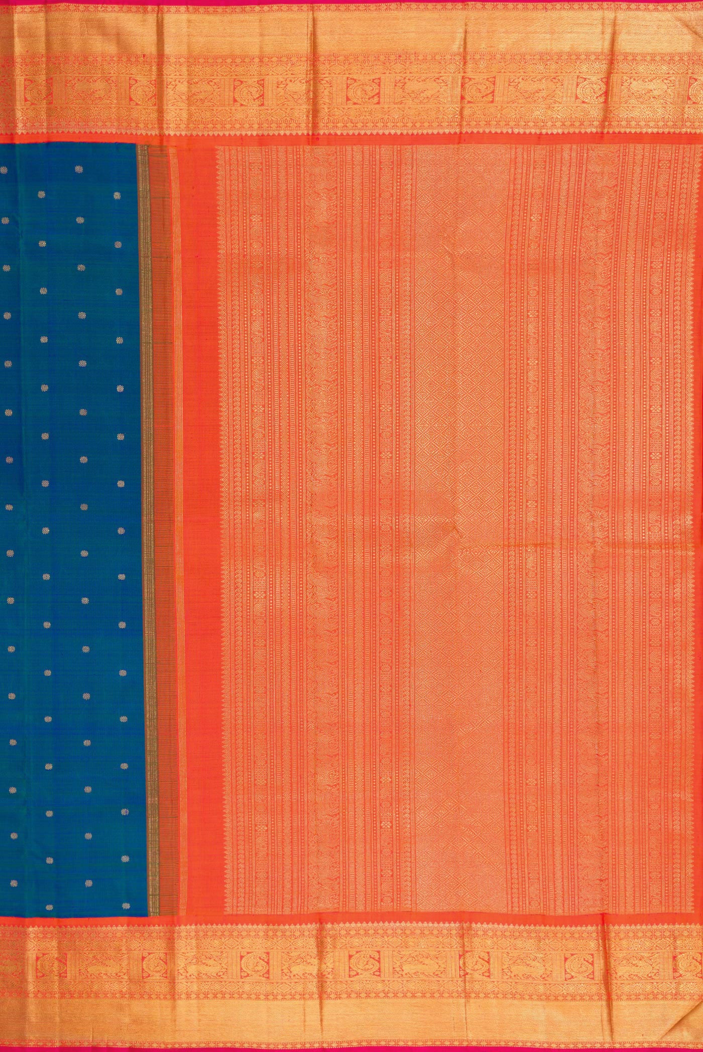 Close up image of the pallu of Pure Silk Pure Zari Peacock Blue Dual Tone Kanjivaram Saree with Zari Butta on the body and Zari Border. 