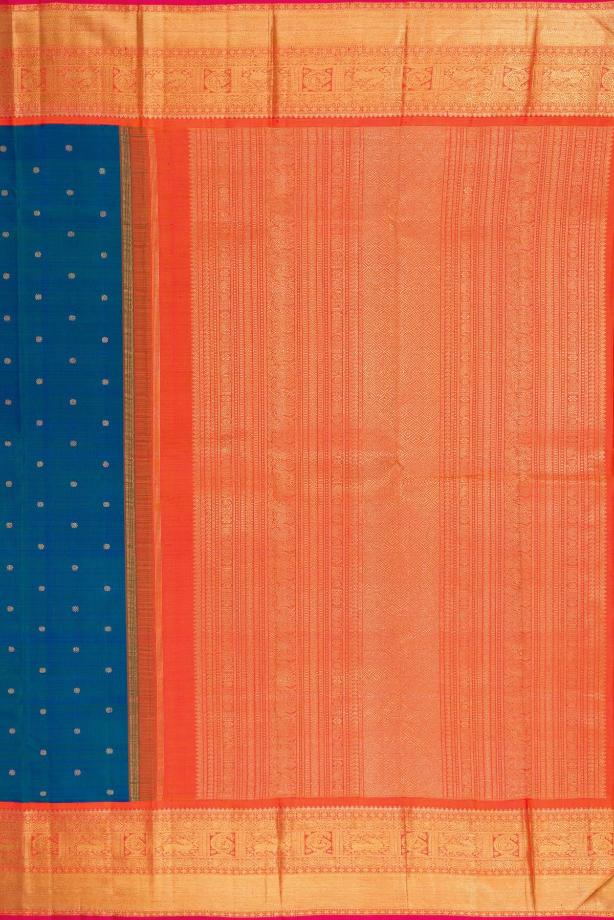 Close up image of the pallu of Pure Silk Pure Zari Peacock Blue Dual Tone Kanjivaram Saree with Zari Butta on the body and Zari Border. 