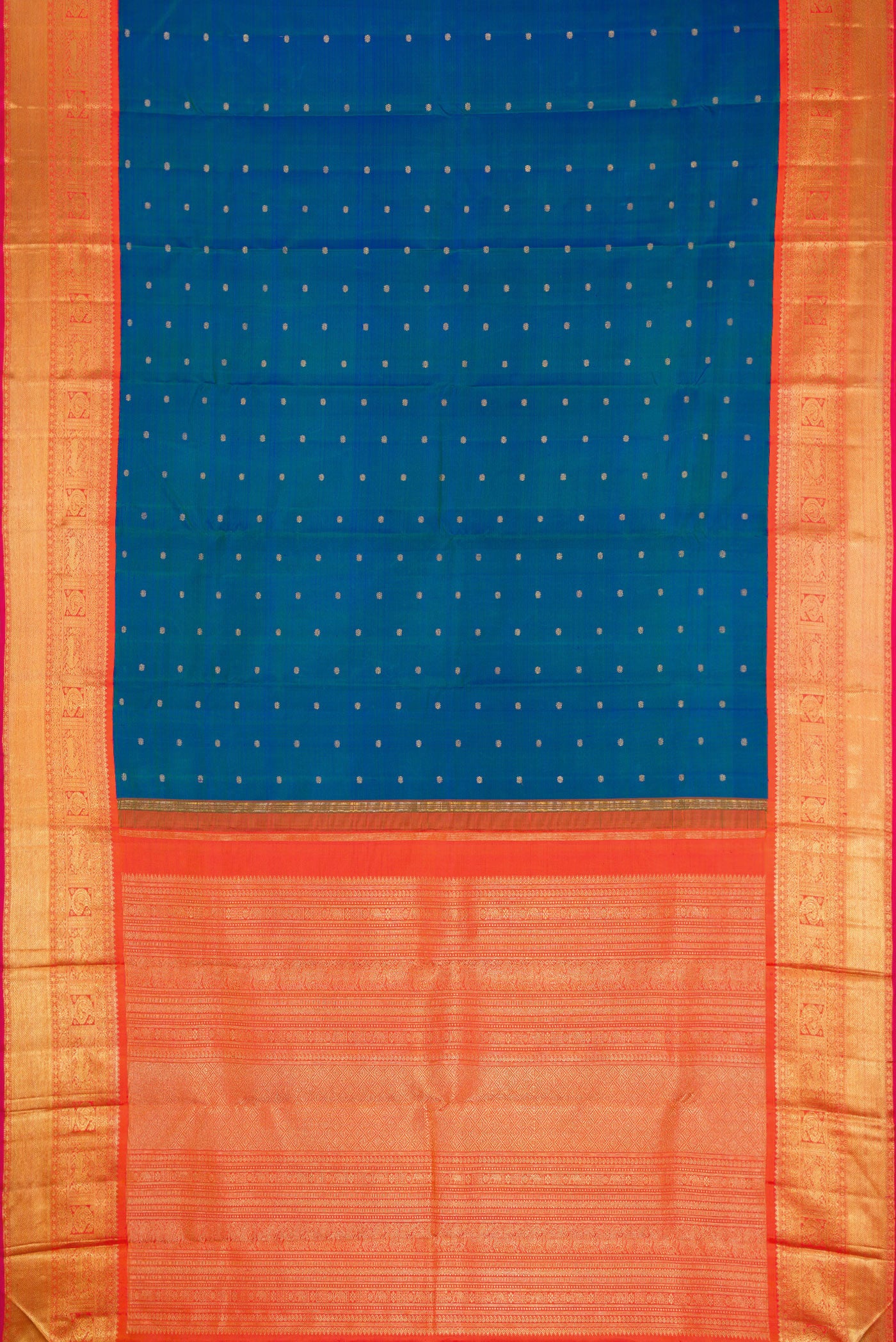Flat view of Pure Silk Pure Zari Peacock Blue Dual Tone Kanjivaram Saree with Zari Butta on the body and Zari Border. 