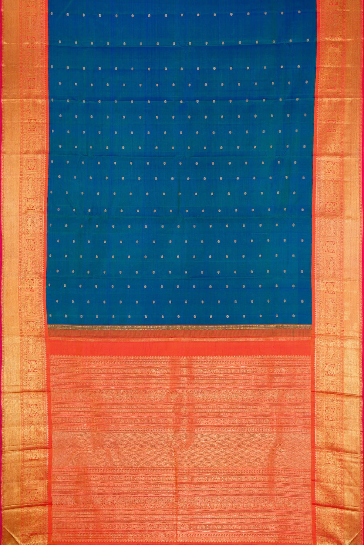 Flat view of Pure Silk Pure Zari Peacock Blue Dual Tone Kanjivaram Saree with Zari Butta on the body and Zari Border. 