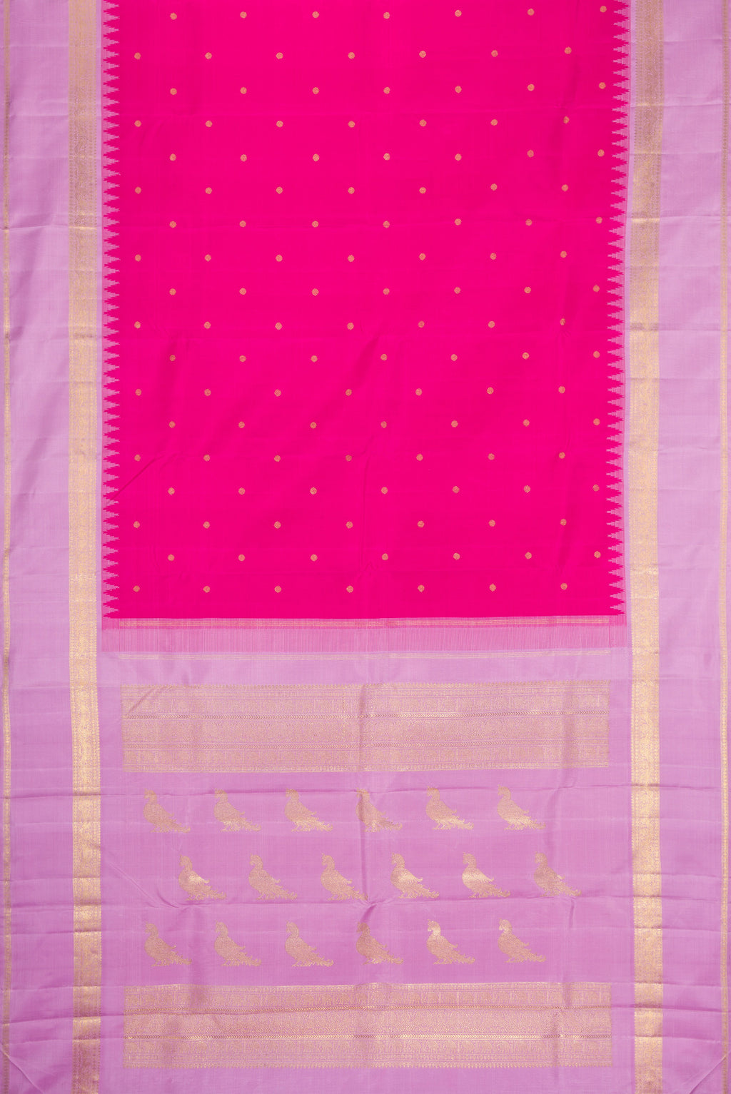 Flat view of Pure Silk Pure Zari Dark Pink Kanjivaram Saree with Zari Butta on the body and Fancy Border. 
