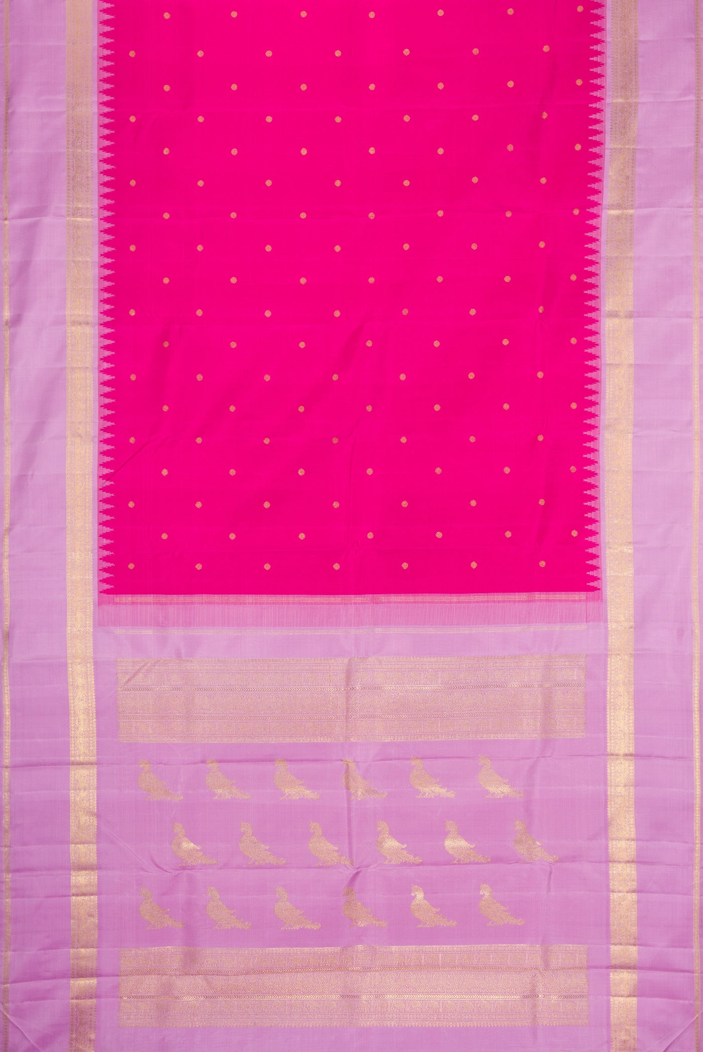 Flat view of Pure Silk Pure Zari Dark Pink Kanjivaram Saree with Zari Butta on the body and Fancy Border. 