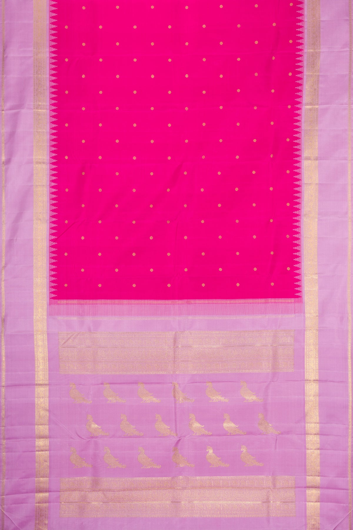 Flat view of Pure Silk Pure Zari Dark Pink Kanjivaram Saree with Zari Butta on the body and Fancy Border. 