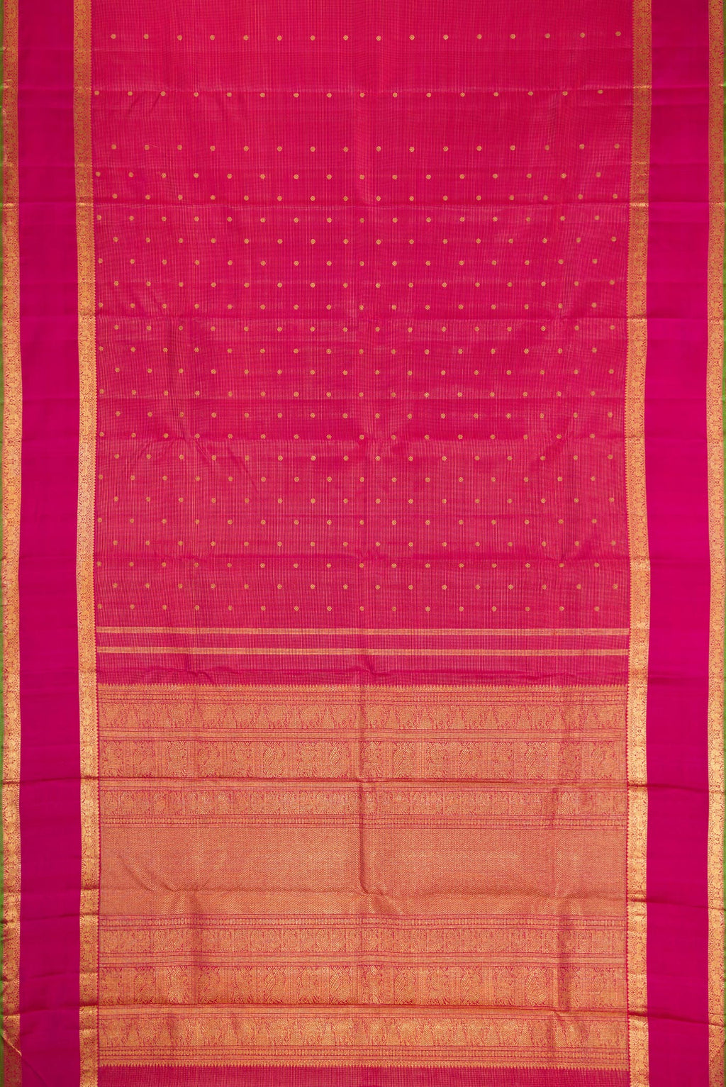 Flat view of Pure Silk Pure Zari Rani Pink Kanjivaram Saree with Zari Butta on the body and Zari Border. 