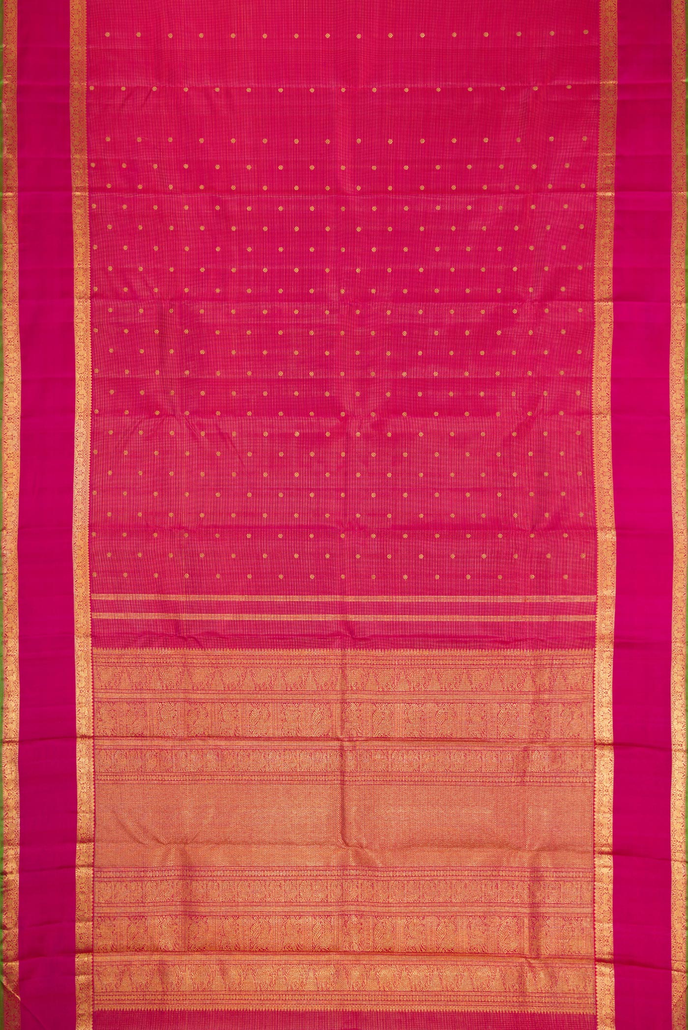 Flat view of Pure Silk Pure Zari Rani Pink Kanjivaram Saree with Zari Butta on the body and Zari Border. 