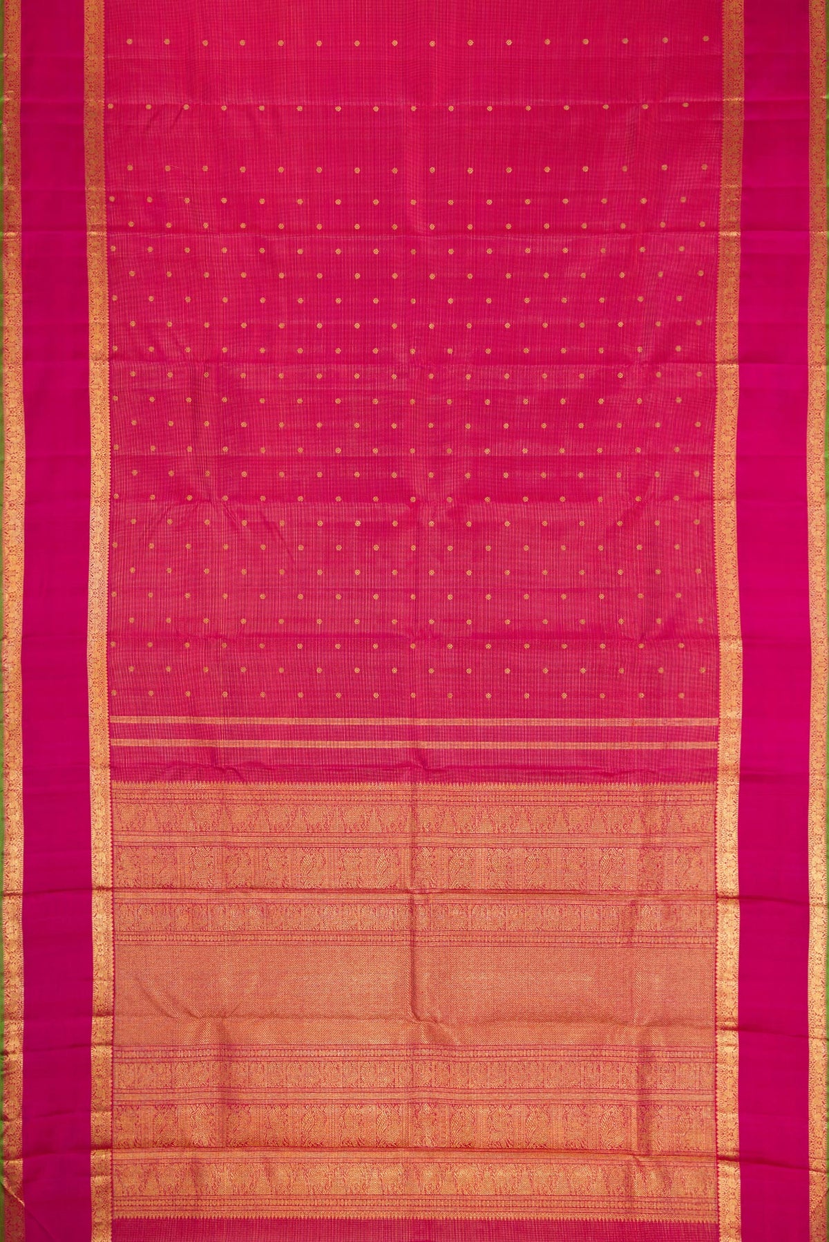 Flat view of Pure Silk Pure Zari Rani Pink Kanjivaram Saree with Zari Butta on the body and Zari Border. 
