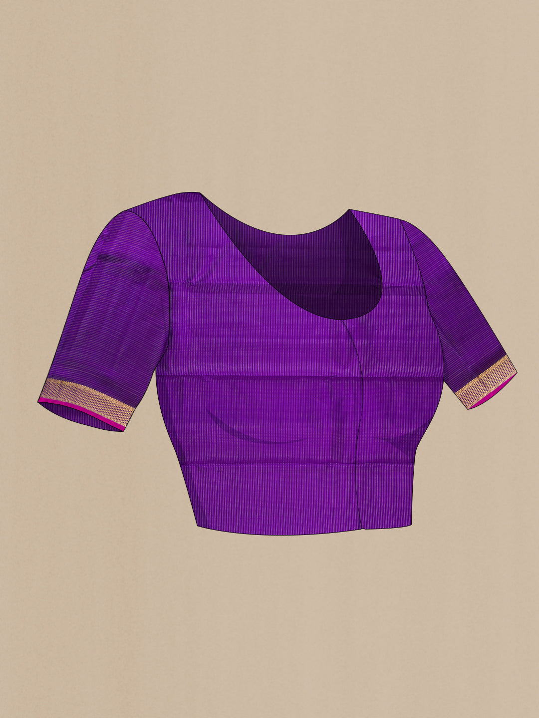Close up image of the blouse of Pure Silk Pure Zari Violet Dual Tone Kanjivaram Saree with Stripes on the body and Zari Border. 