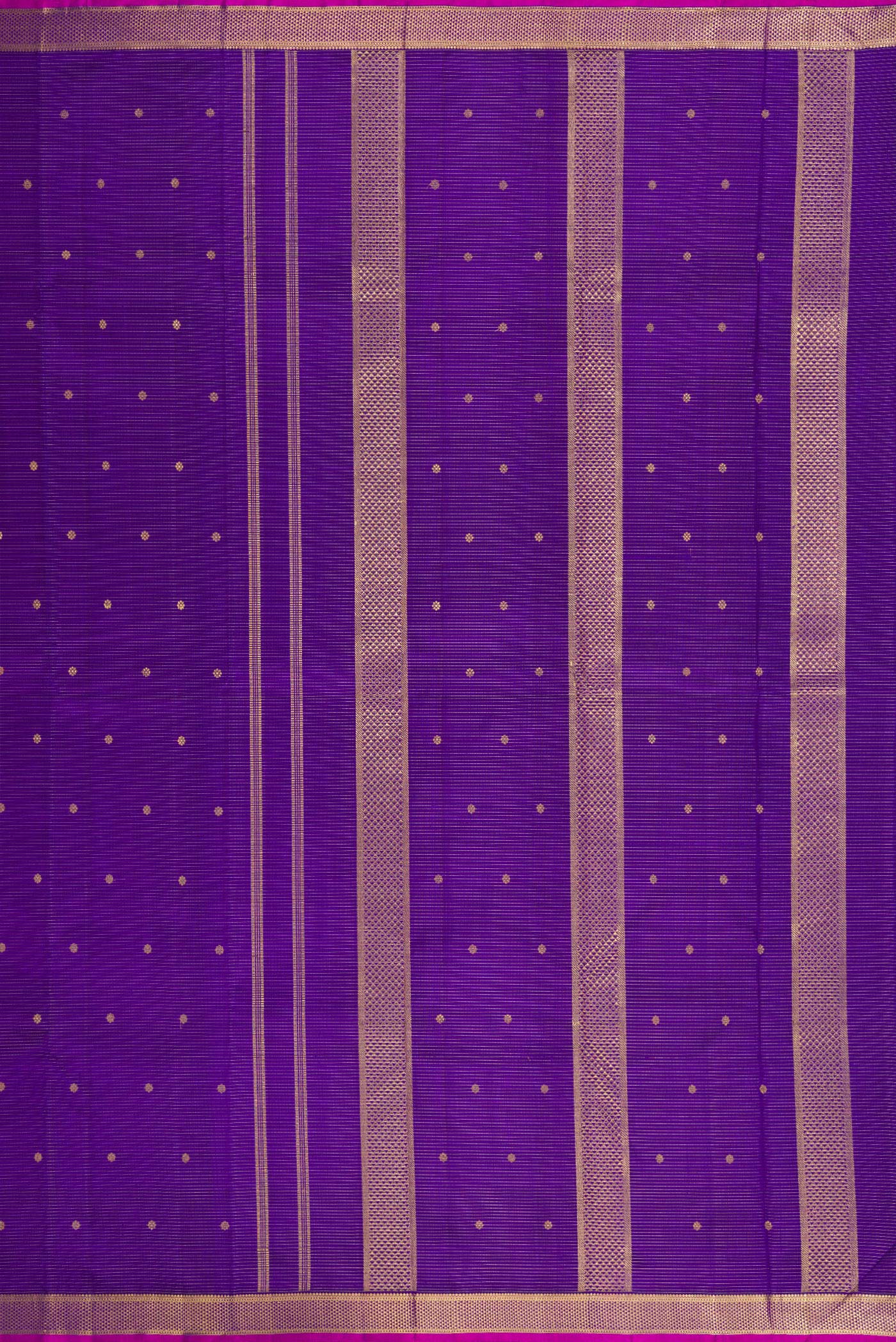 Close up image of the pallu of Pure Silk Pure Zari Violet Dual Tone Kanjivaram Saree with Stripes on the body and Zari Border. 