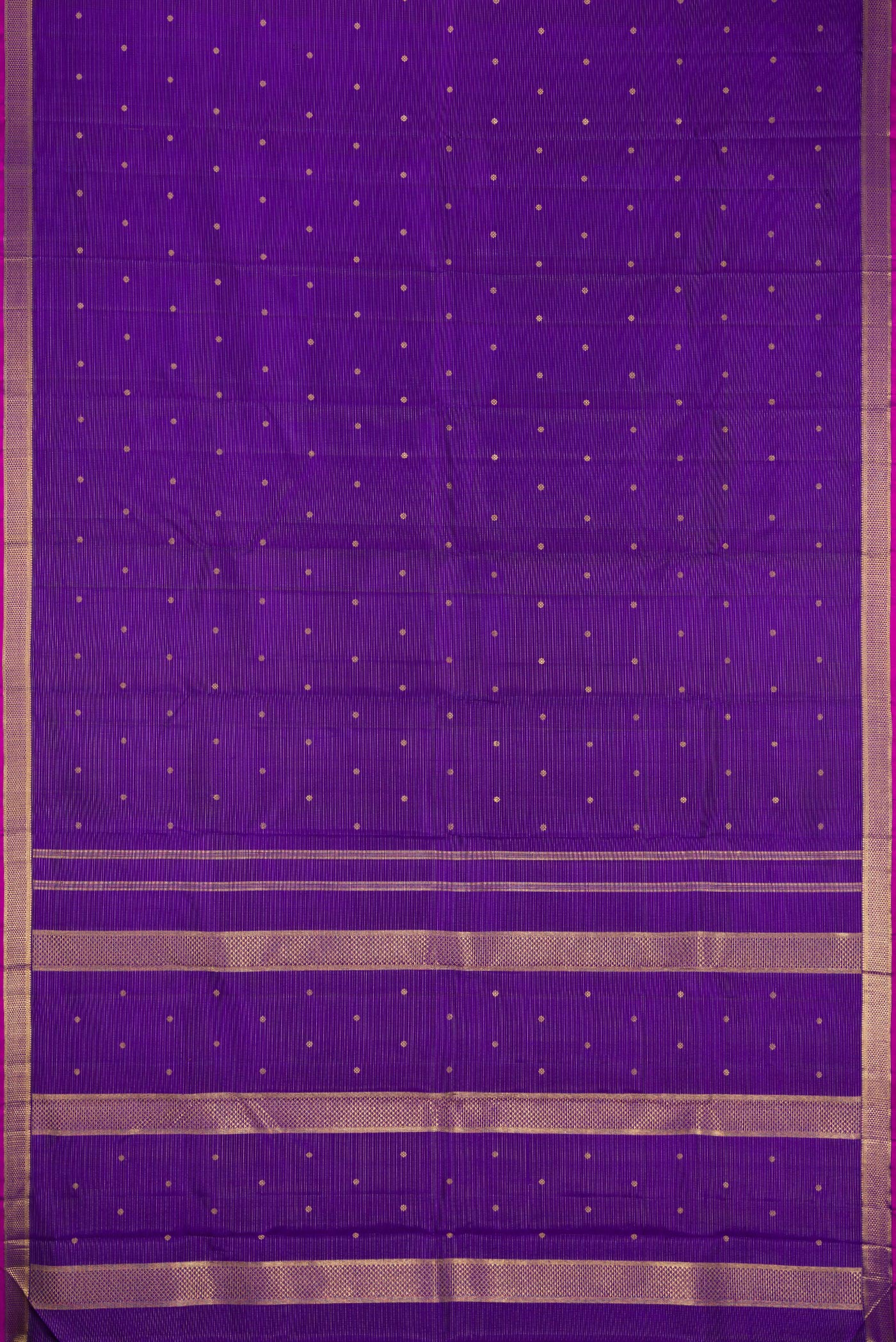 Flat view of Pure Silk Pure Zari Violet Dual Tone Kanjivaram Saree with Stripes on the body and Zari Border. 